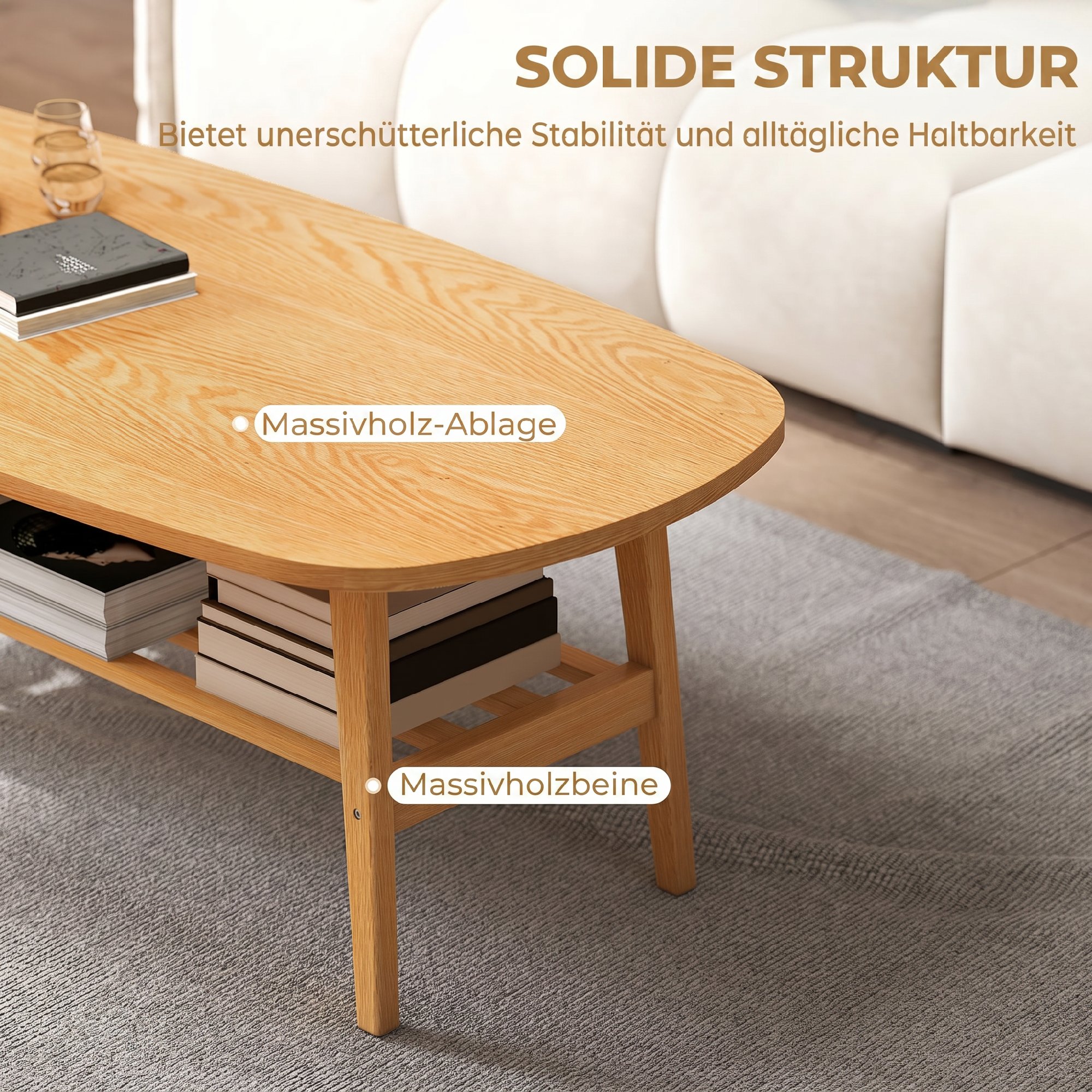 Couchtisch Wohnzimmertisch mit Ablage, Kaffeetisch für Wohnzimmer, Schlafzimmer, 120 x 60 x 42 cm, Naturholz
