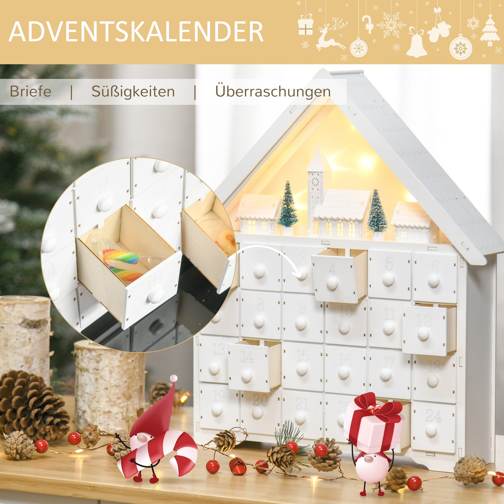 Adventskalender Weichnachtsdekoration Weihnachtsdeko, 24 Schubladen, LED-Lichter, 39 cm x 9 cm x 42 cm, Weiß + Grün