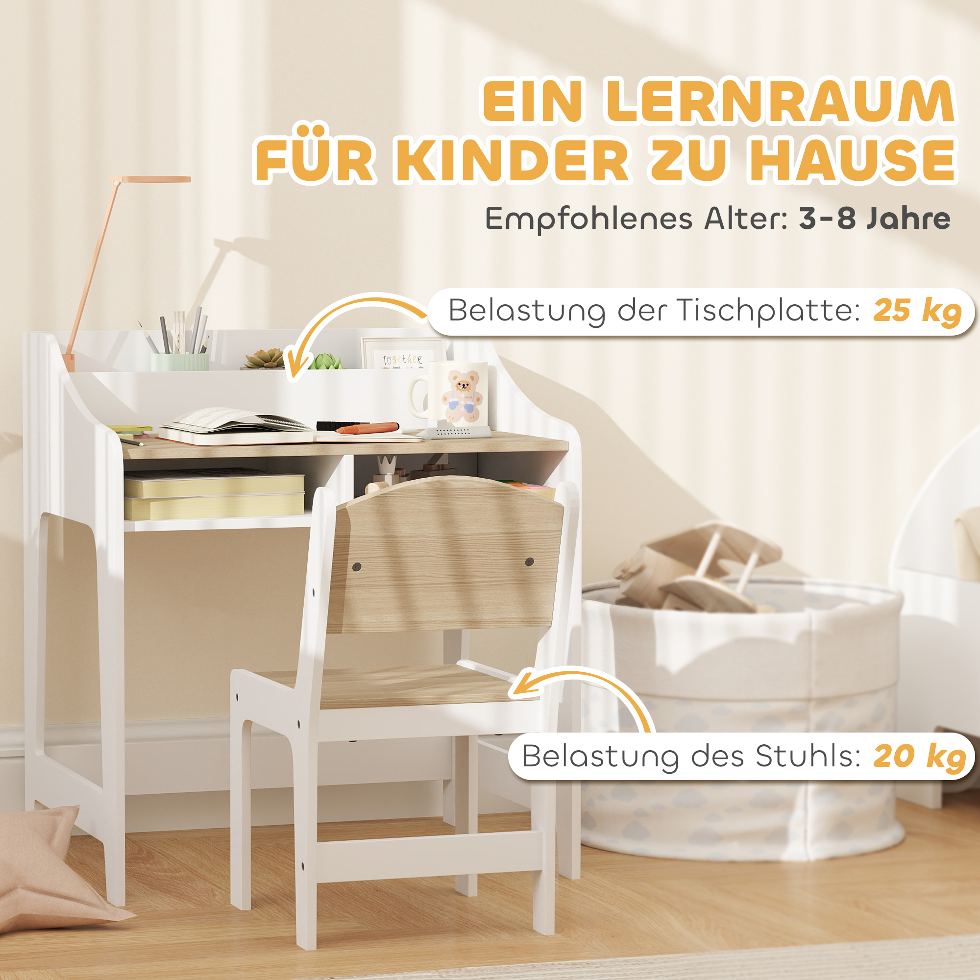 Kinder-Schreibtisch-Set mit Stauraum, offene Fächer, Stuhl, 3-8 Jahre, Holz