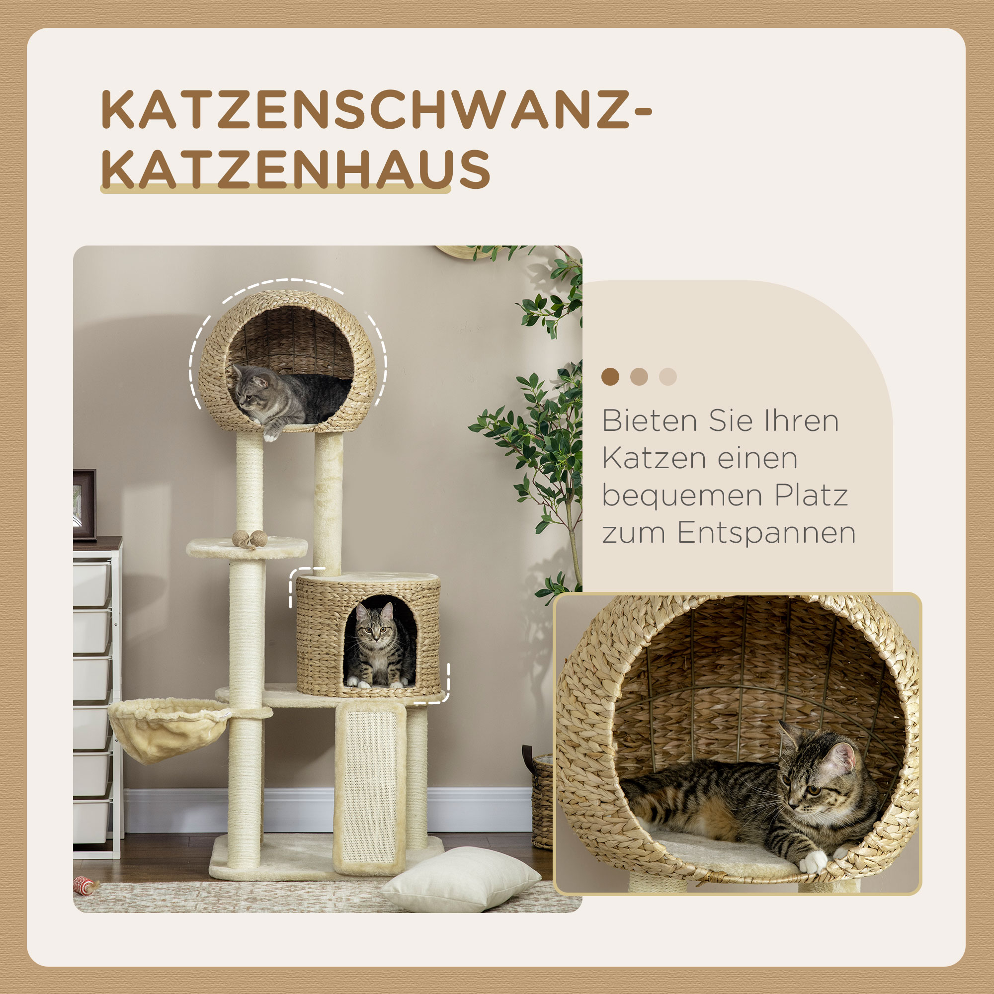 Kratzbaum, mit Katzenhaus, mehrere Plattformen, Hängematte, Kratzmatte, Kippschutz, beige, 60 x 60 x 150cm