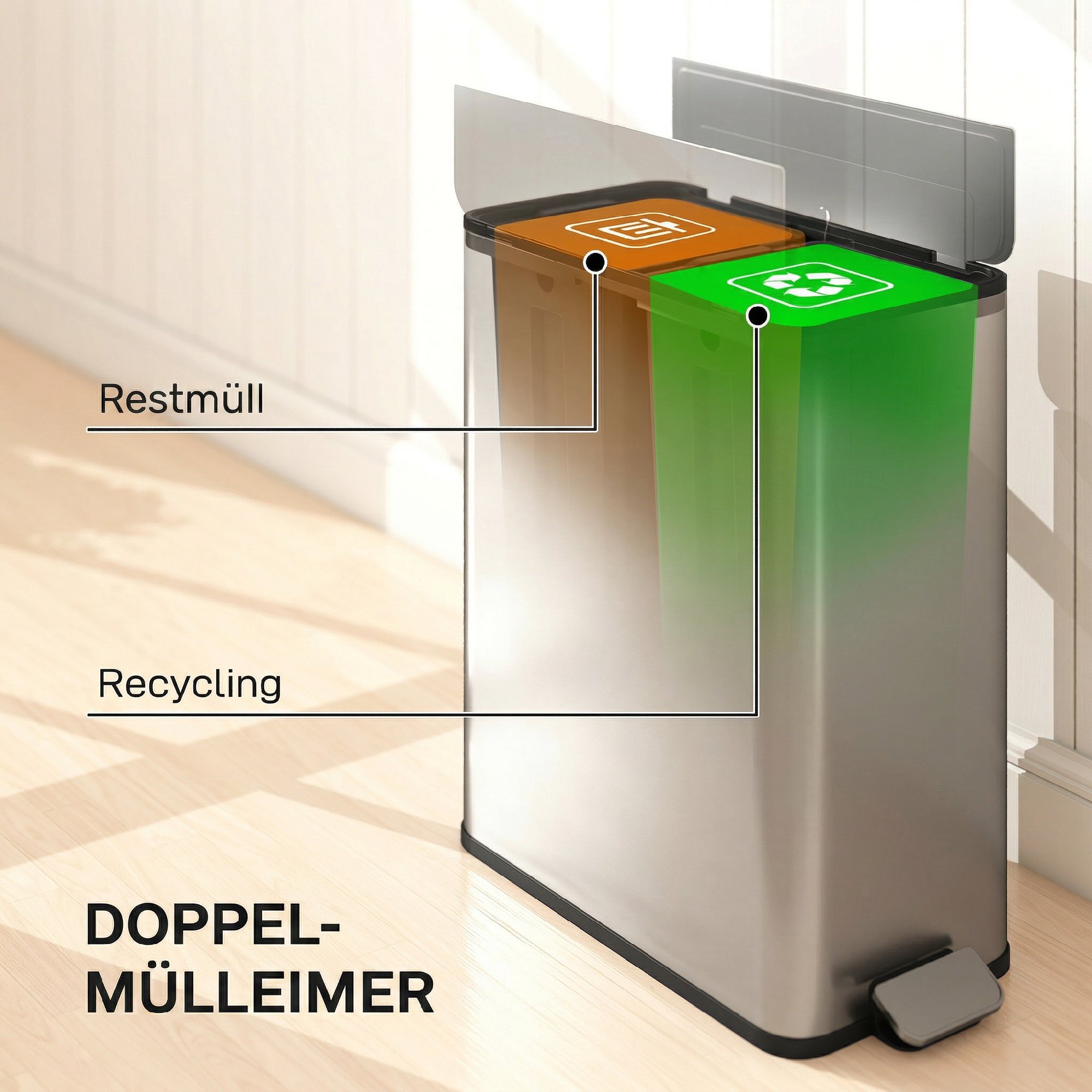 Küchenmülleimer 2 x 28L Edelstahl-Tretmülleimer mit Soft-Close-Deckel, herausnehmbaren Inneneimern