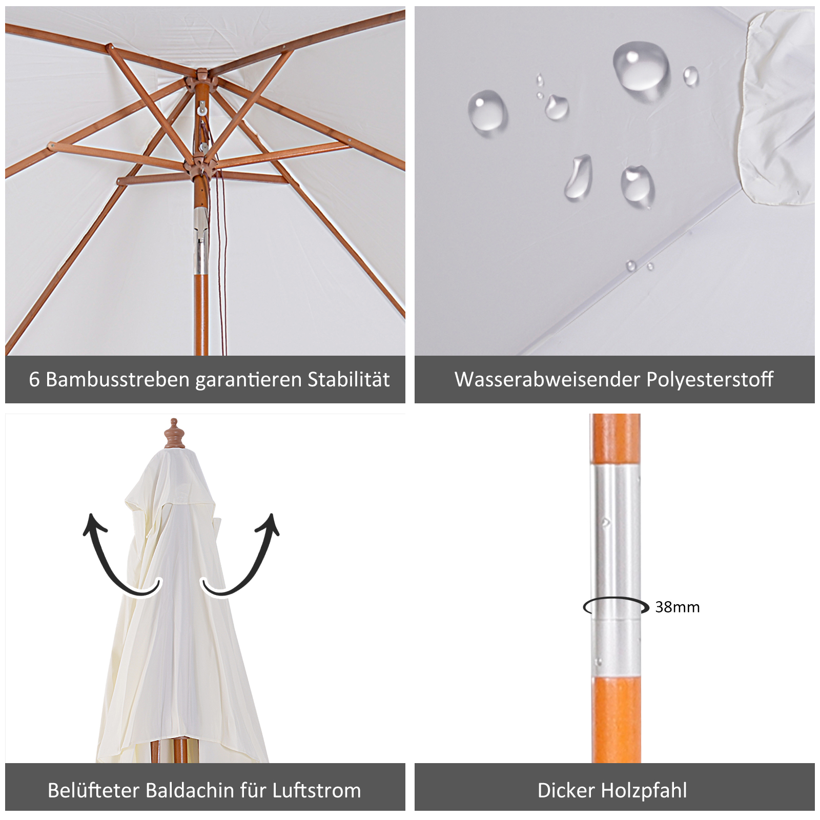 Sonnenschirm 200 x 150 x 235 cm Knickbarer Gartenschirm 3-stufig einstellbar rechteckig Strandschirm wasserabweisend und UV-beständig für Strand Balkon Terrasse Garten Cremeweiß