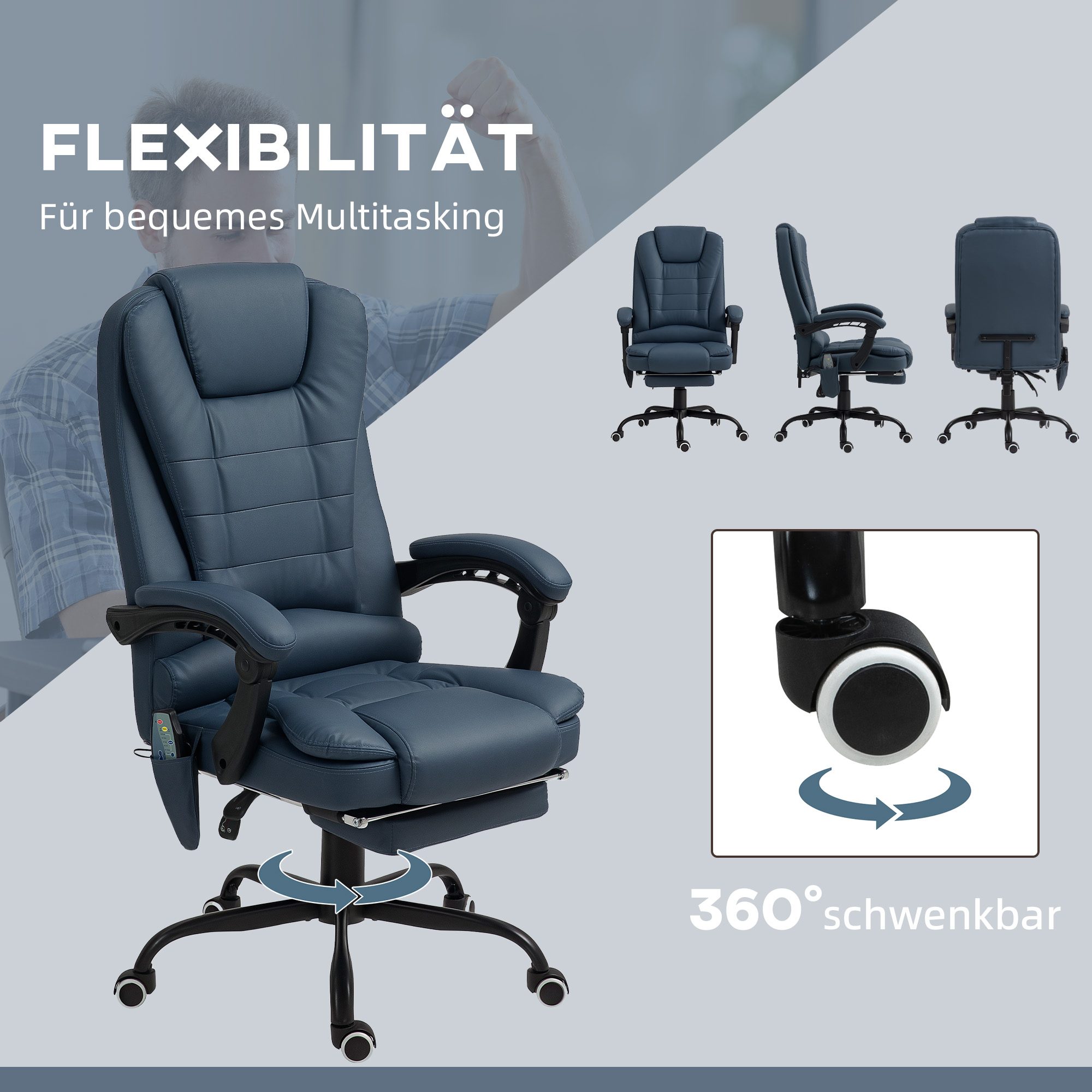 Massage-Bürostuhl, 7 Vibrationspunkte, verstellbare Fußstütze & Lehne, bis 120 kg, Lederoptik, Blau