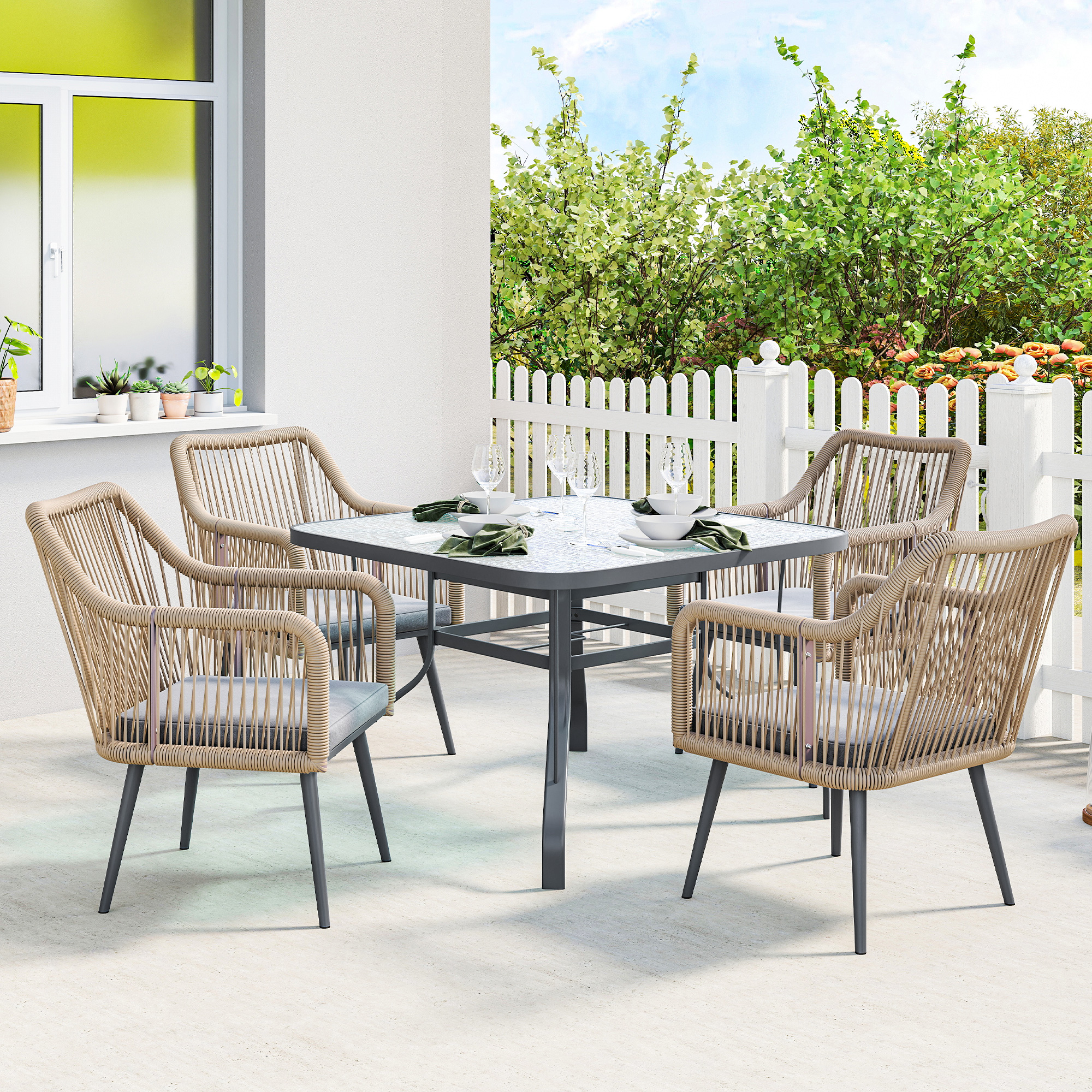 Gartenstuhl 2er Set wetterfest  Gartenstühle mit Armlehne Sitzkissen Metallrahmen bis 120 kg belastbar Hellgrau
