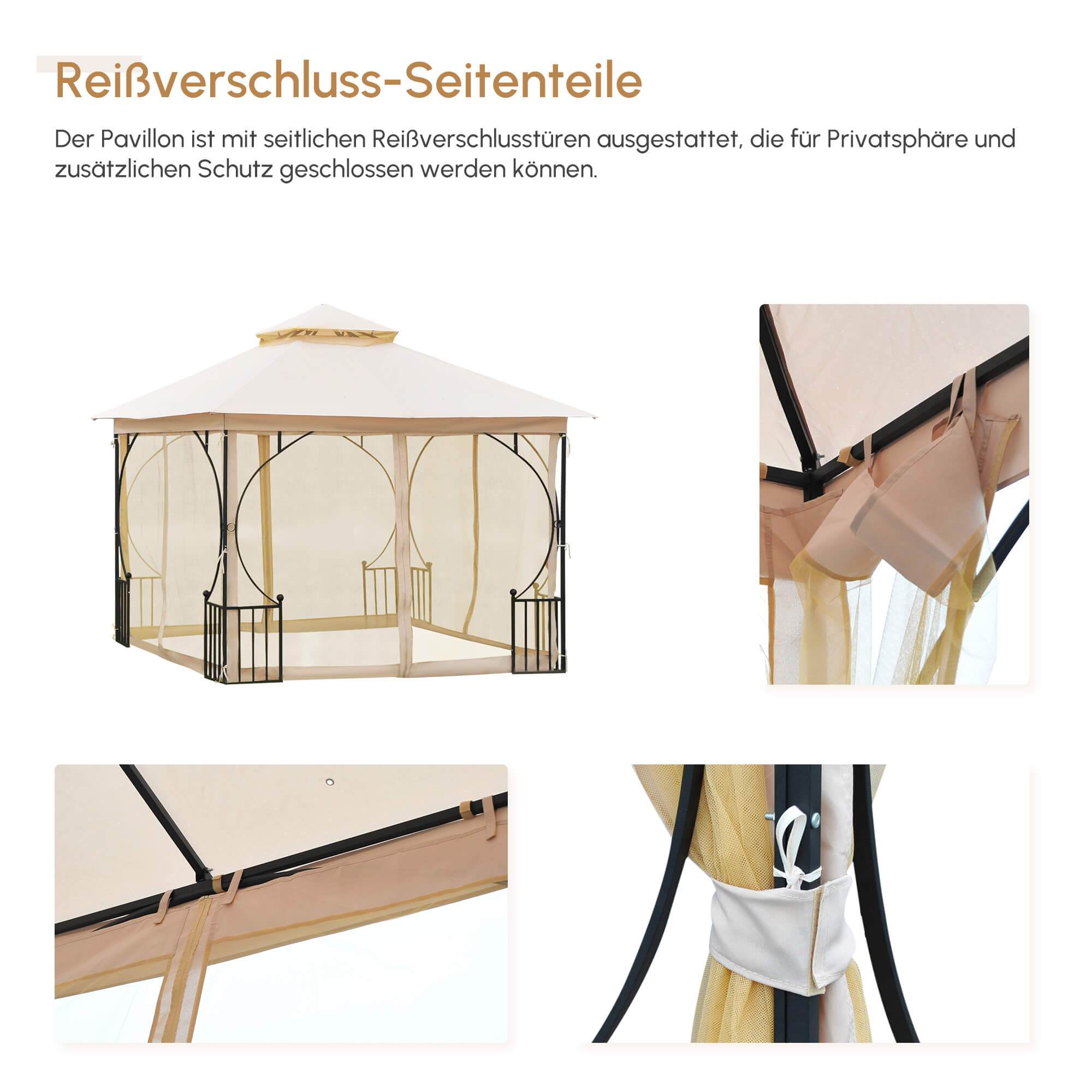 Gartenpavillon Gartenzelt,  inkl. Befestigungsmaterial, wetterbeständig, 295 cm x 295 cm x 275 cm. Beige + Schwarz