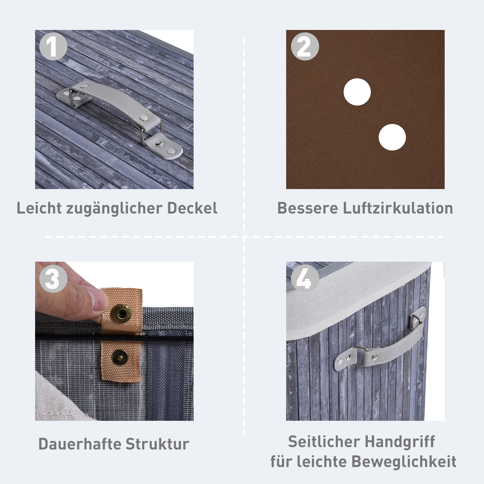 Bambus Wäschekorb mit Deckel 100 L Wäschesammler mit PU-Griffen, Wäschesack aus Segeltuch, Laundry Baskets Wäschesortierer für Waschküche Schlafzimmer Badezimmer Grau