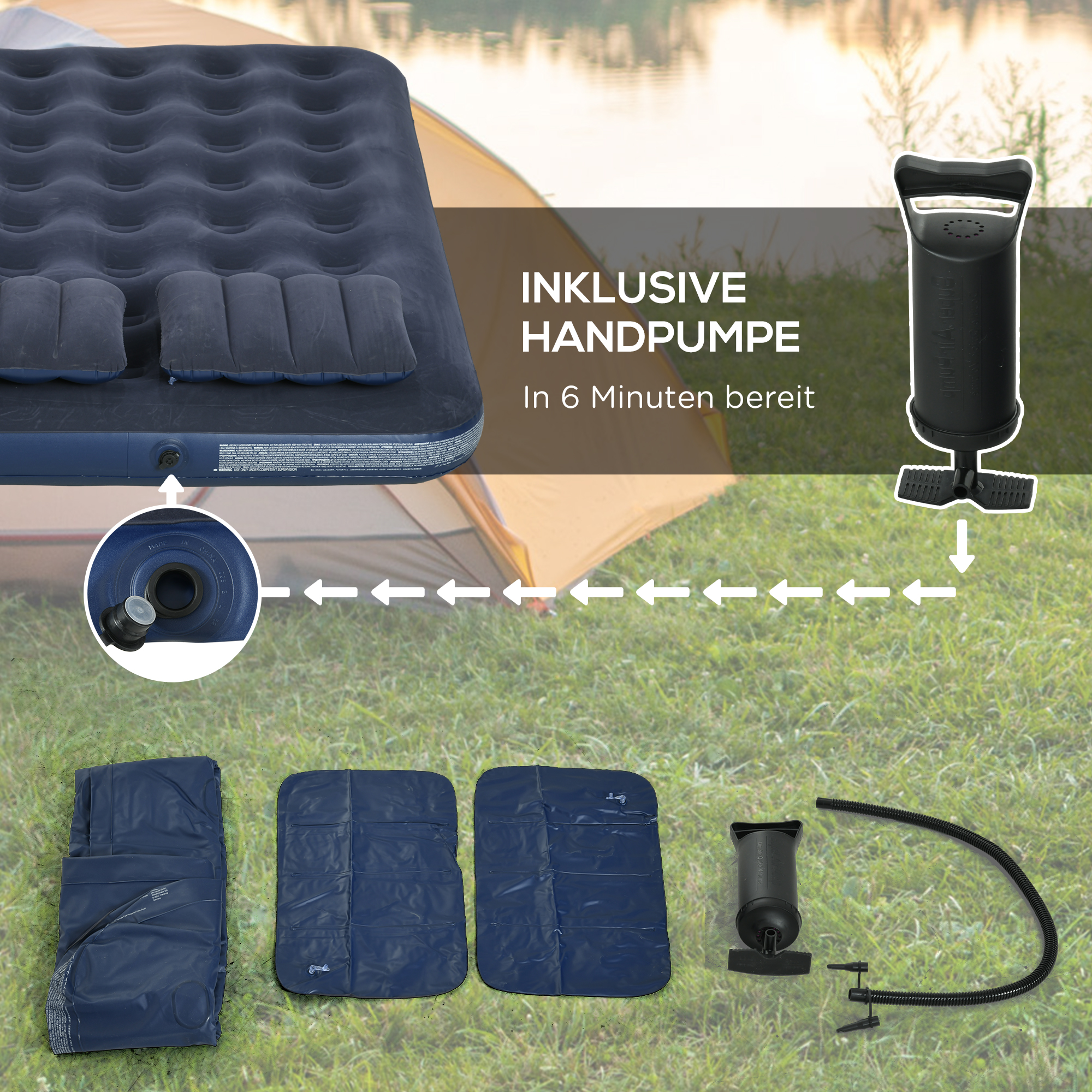 Luftmatratze für 2 Personen, mit Handpumpe, weich & robust, 203x152x22cm, Blau
