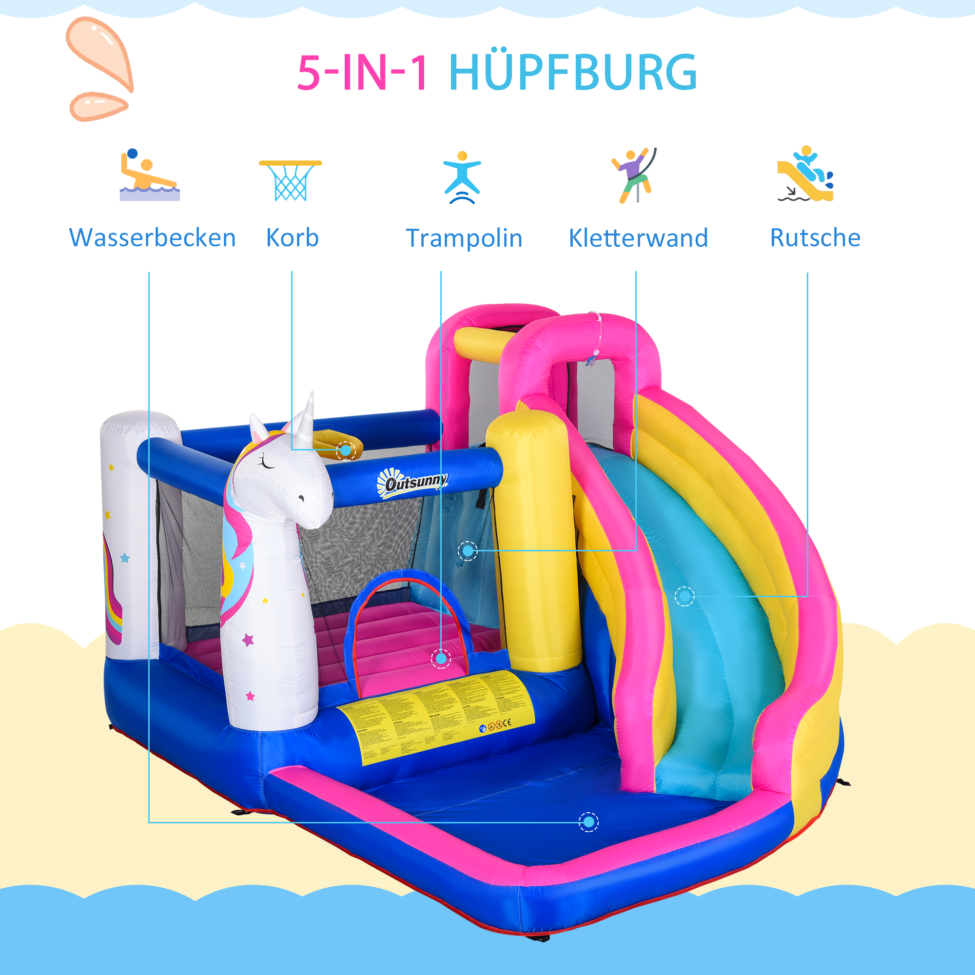 Hüpfburg im Märchendesign inkl. Gebläse, Rutsche, Wasserbecken u. Basketballkorb 360 x 305 x 210 cm