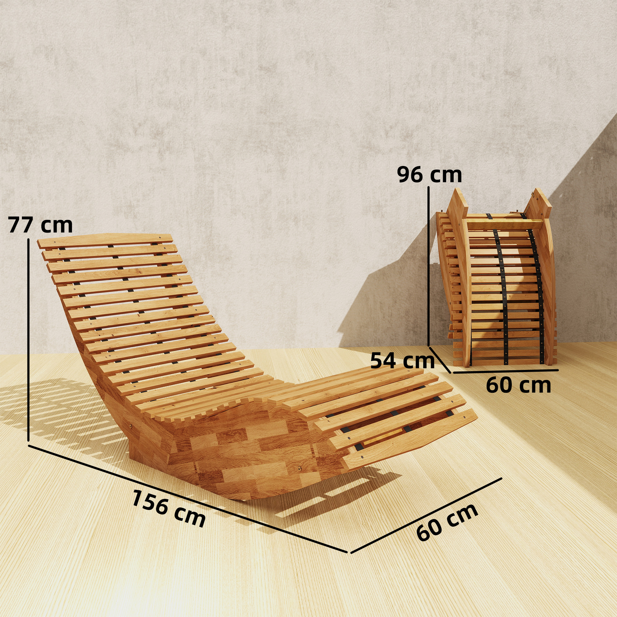 Sonnenliege aus Akazienholz Klappbar Ergonomisch Gartenliege mit S-Form Latten-Design 60 x 156 x 77 cm