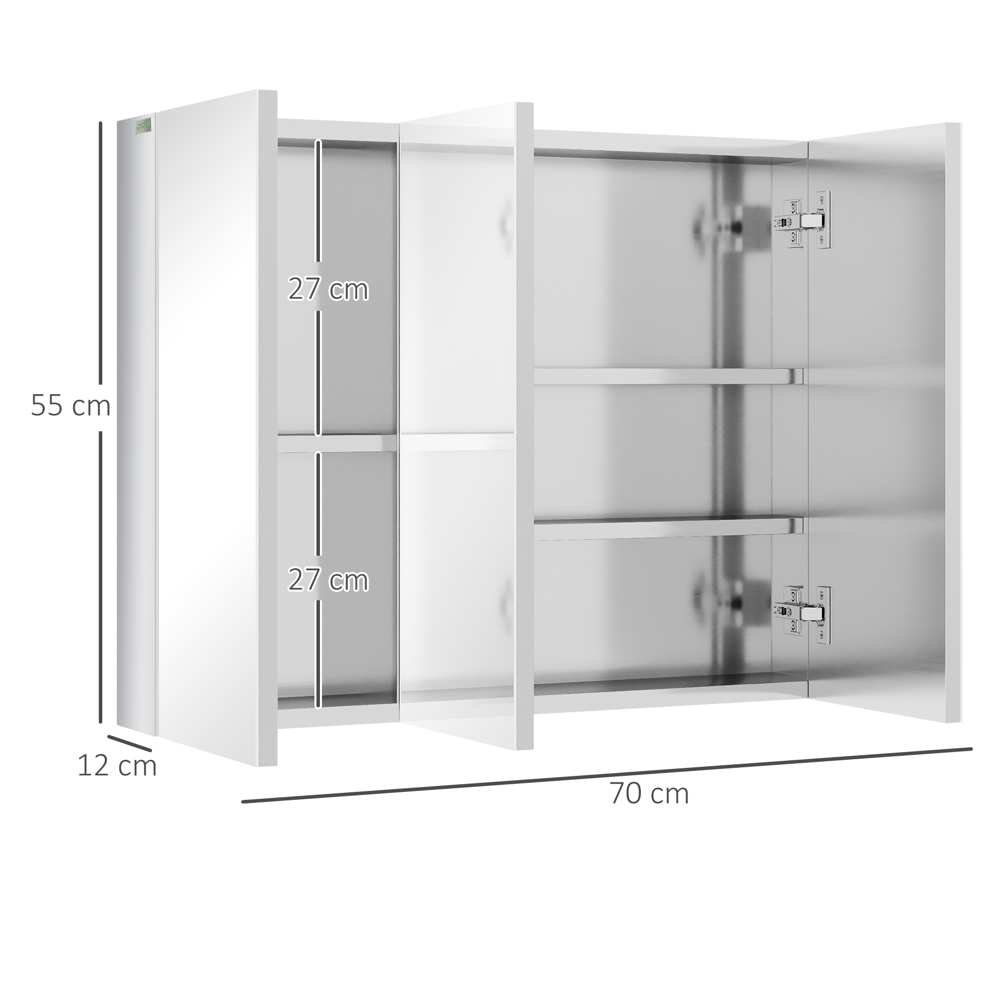 Spiegelschrank, Badschrank, 3 Spiegeltüren, 5 Innenböden, Edelstahl, Farbe: Silber, 70 x 12 x 55 cm