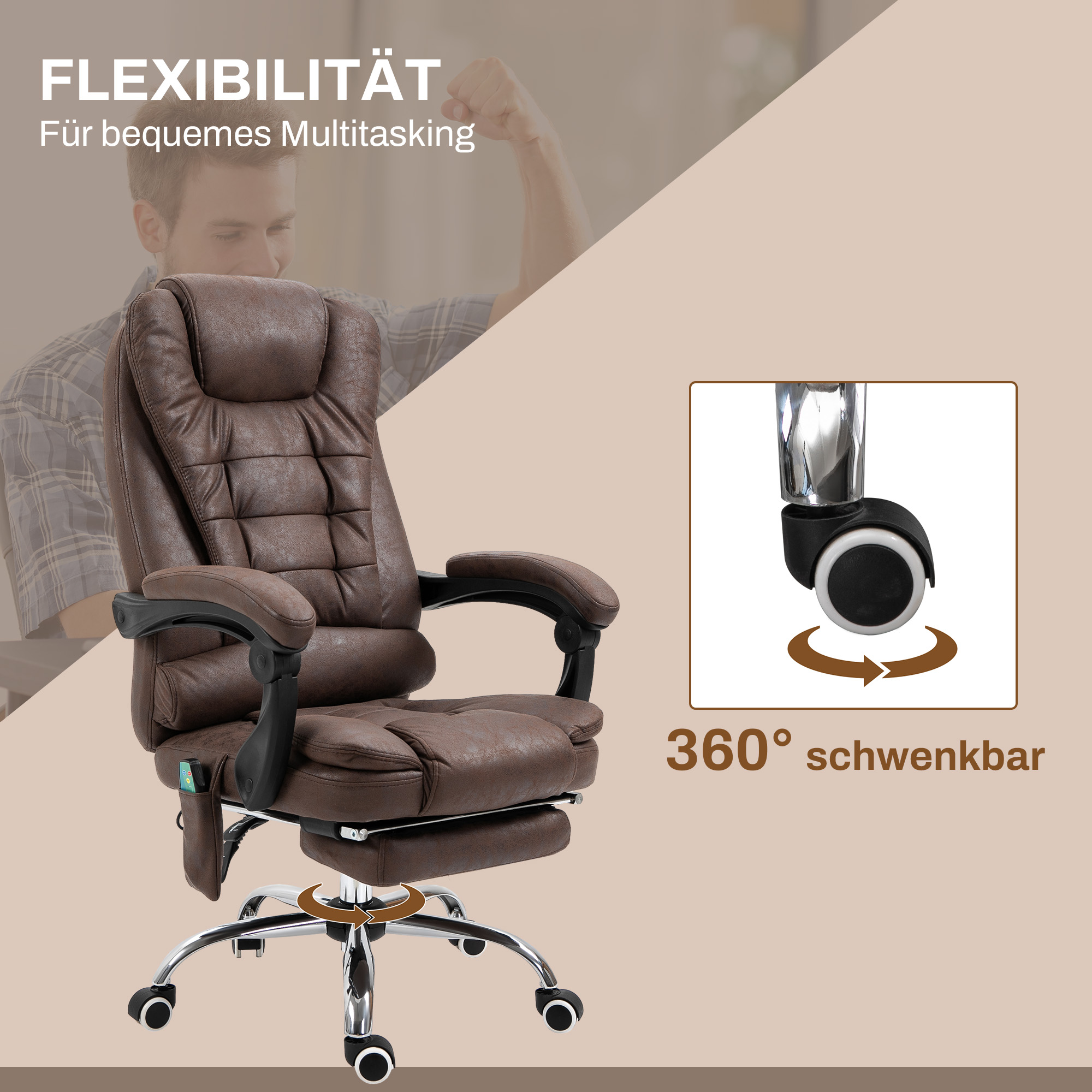 Massage-Bürostuhl, Liege- & Wärmefunktion, drehbar, ergonomisch, bis 120 kg, Braun