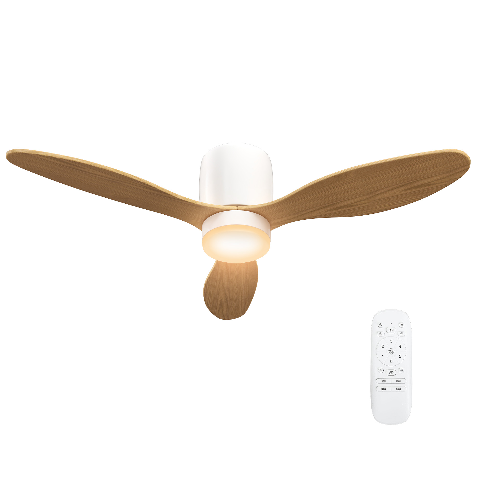 Deckenventilator mit einstellbarem Licht und Fernbedienung 115 cm, 3 Farben, 3 Flügel, 6 Geschwindigkeiten, Timer, Natur