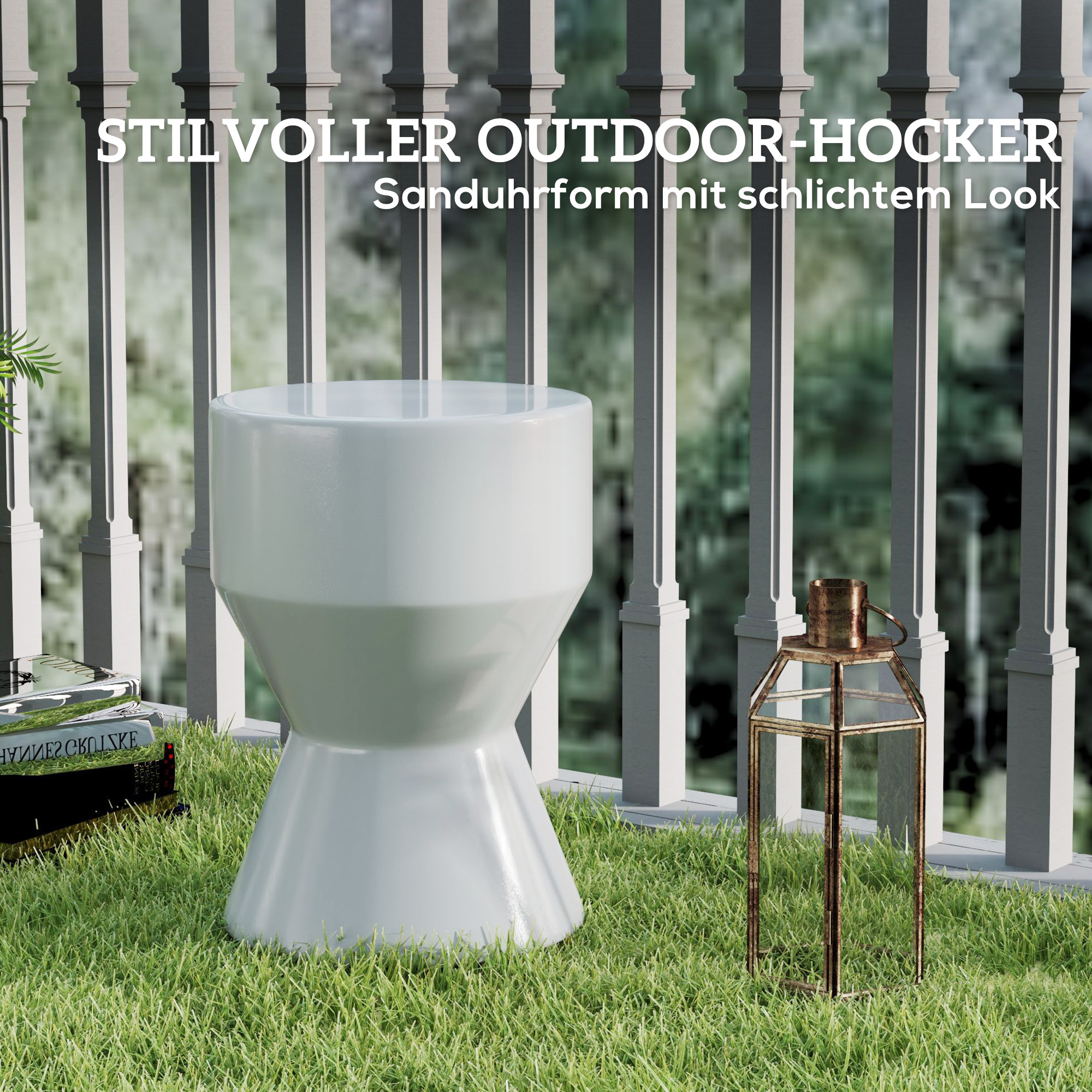 Sitzhocker aus Keramik 120kg belastbar Ø33 x 45,5 cm Wetterfest Garten Hocker in Sanduhrform Hellgrau