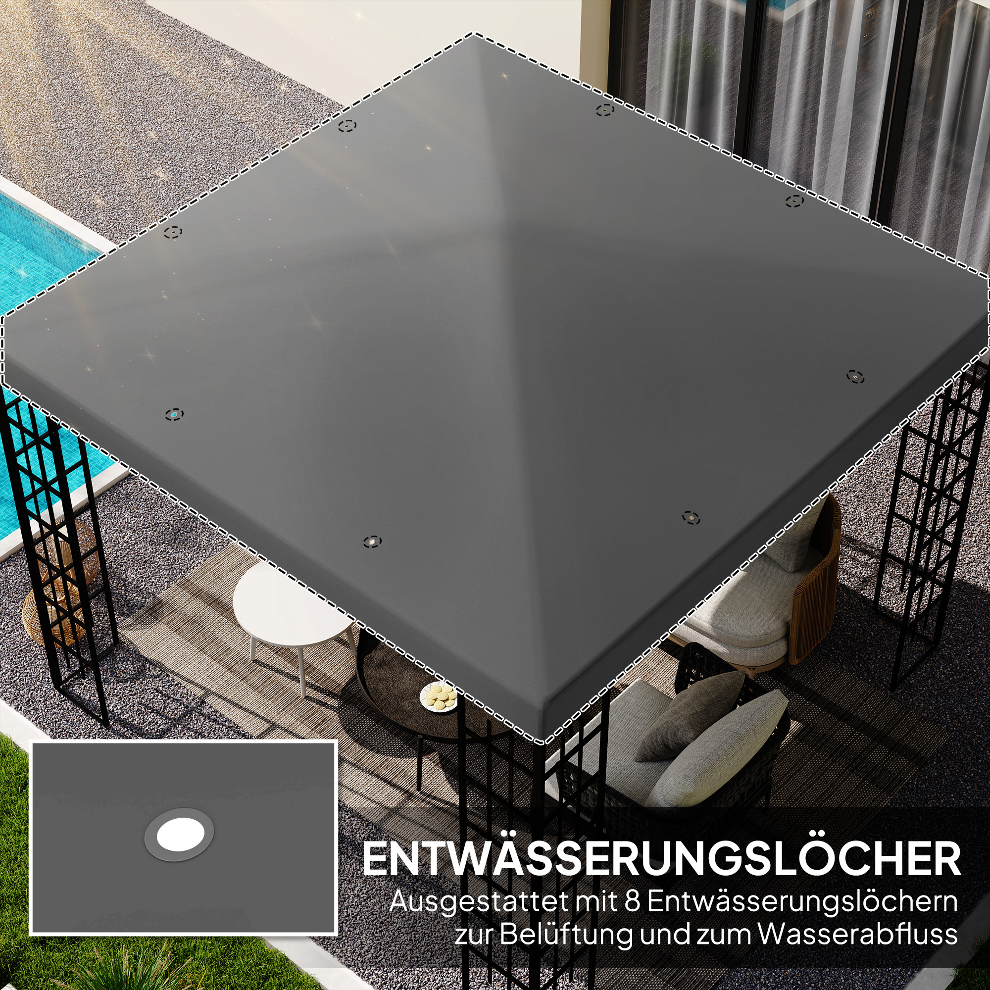 3 x 3 m Ersatzplane für Pavillon, Plane für Garten-Pavillon, mit Wasserablauföffnungen, UPF30+, Dunkelgrau