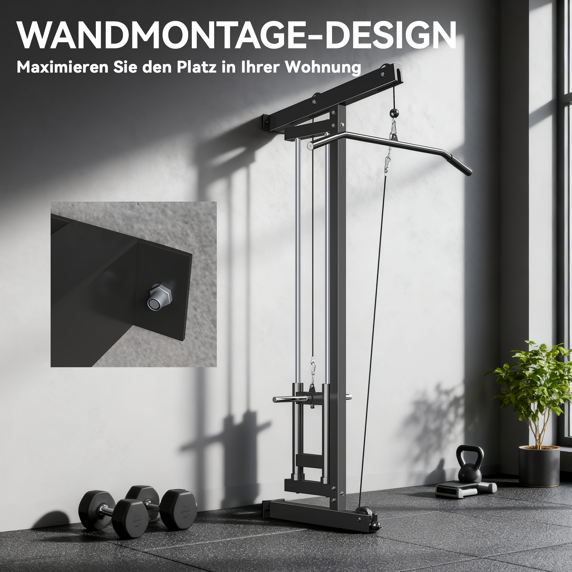 Rudermaschine für Training, wandmontiertes Fitnessgerät, Kabelmaschine für Heimfitnessstudio, Stahl, Schwarz