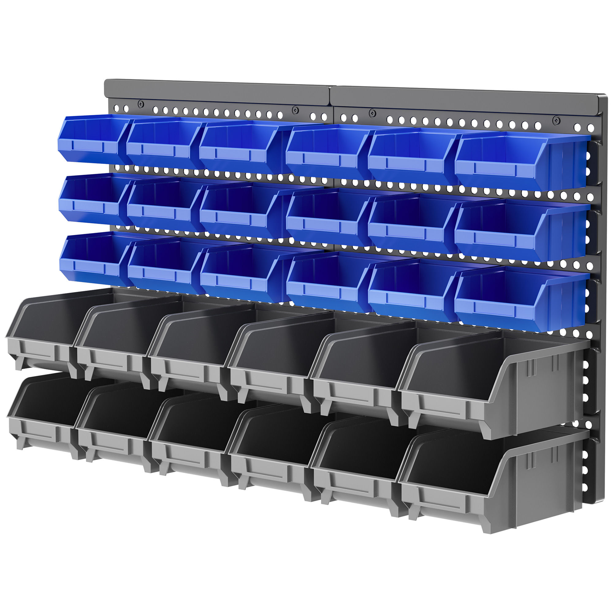 Schüttenregal, Werkstattmagazin, 30 Boxen in 2 Größen, stapelbar, 63x18x37,5cm, Blau