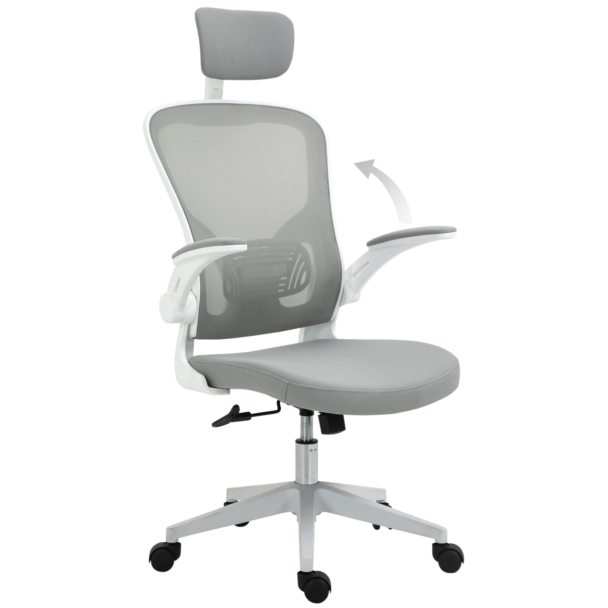 Bürostuhl ergonomischer Shreibtischstuhl mit Wippfunktion hoher Rückenlehne Lendenwirbelstütze Kopfstütze hochklappbarem Arm Home-Office Grau 65 x 64 x 114-122 cm Bürostuhl ergonomischer Shreibtischstuhl mit Wippfunktion hoher Rückenlehne Lendenwirbelstütze Kopfstütze hochklappbarem Arm Home-Office Grau 65 x 64 x 114-122 cm