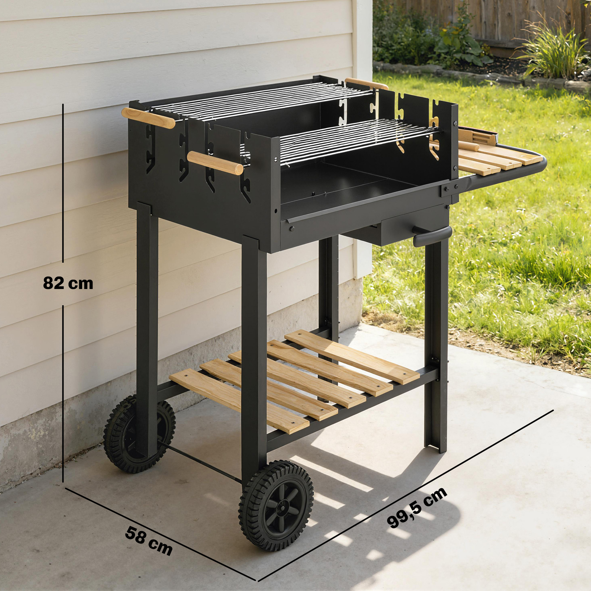 Holzkohlegrill Grillwagen mit 4-fach höhenverstellbarer Grillrost 2 Holzablage 2 Räder Aschebehälter 99,5 x 58 x 82 cm