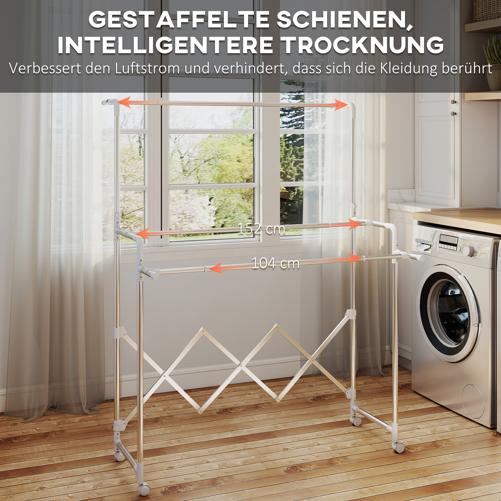 Wäscheständer, Faltbarer Standtrockner mit 3 verstellbaren Stangen, Edelstahl Turmwäscheständer auf Rollen, Wäscheturm Wäschetrockner für Innen und Außen