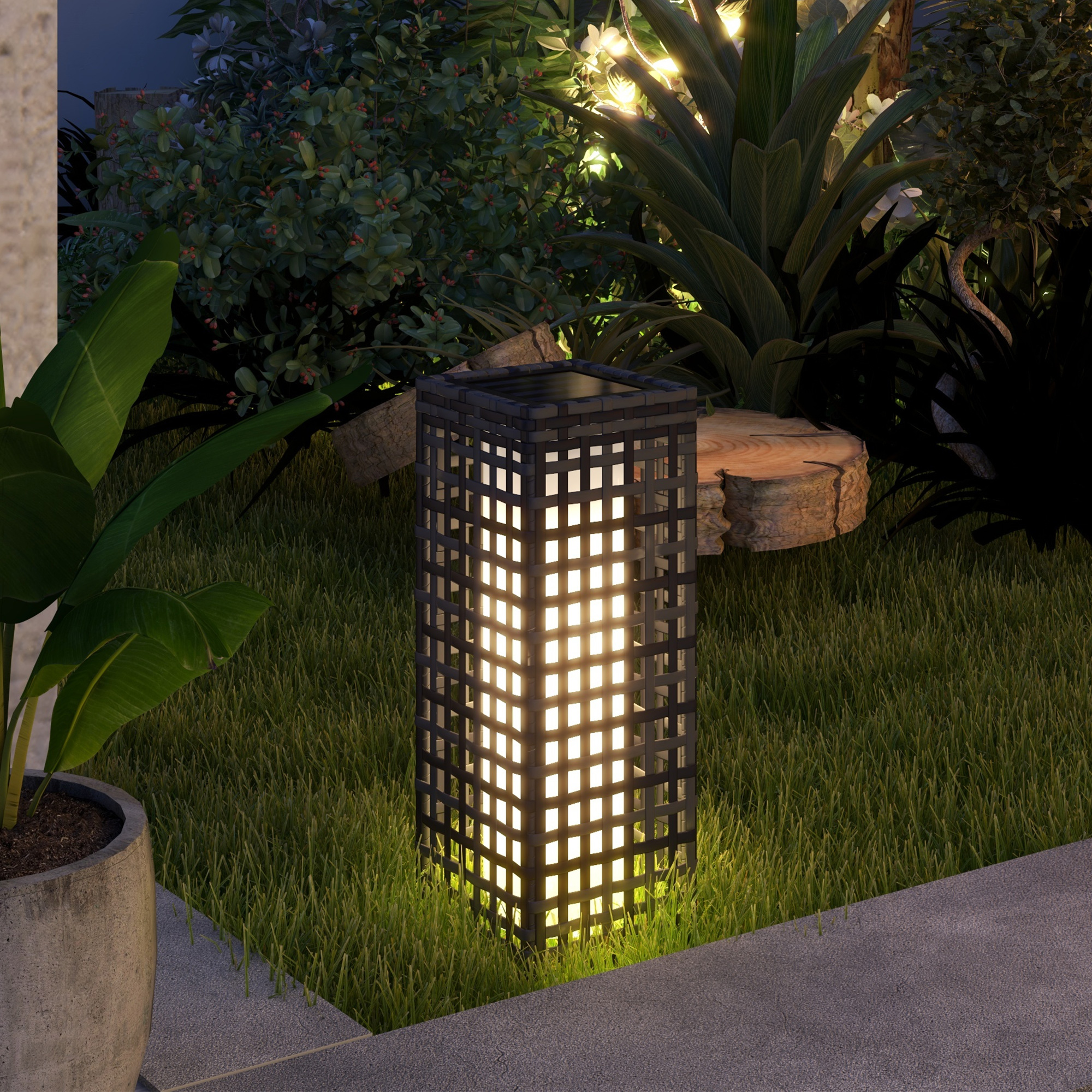Außenleuchte mit Solarmodul, Einschaltautomatik, 8 h Betriebszeit, Rattanoptik, Stahl, 15,5 x 15,5 x 46 cm, Grau