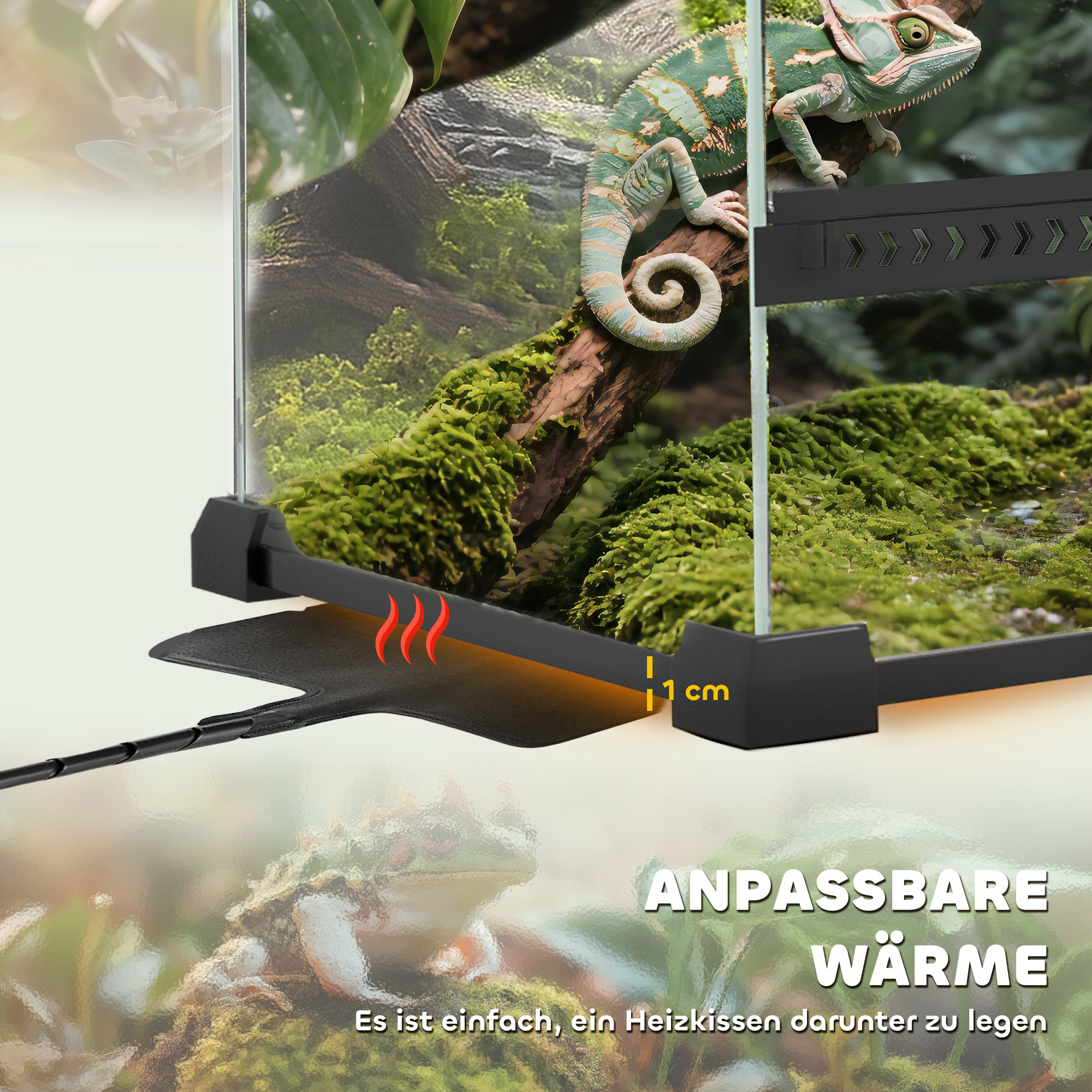 Glas-Terrarium für Reptilien, erhöhter & wasserdichter Boden, Knopfschloss