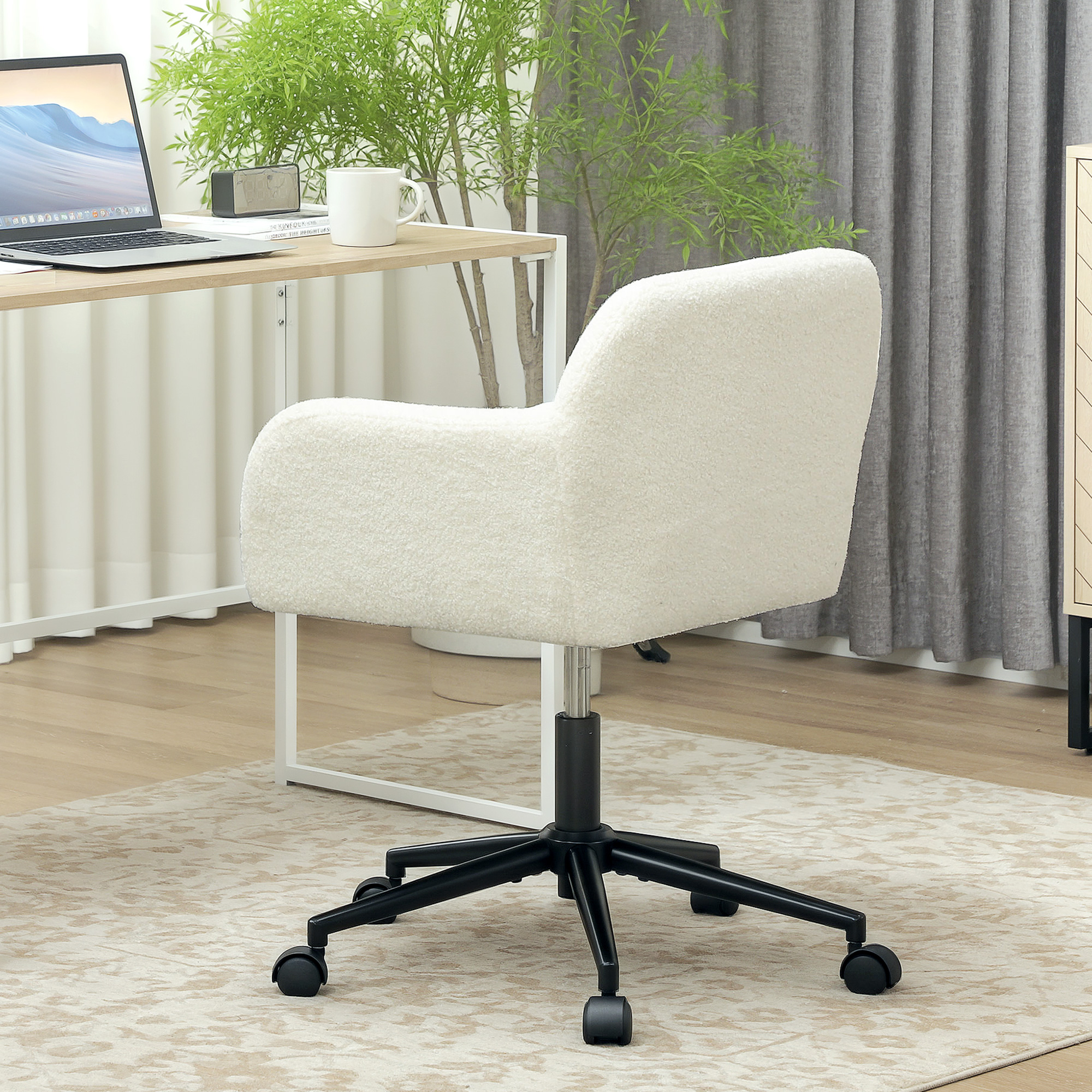 Drehbarer Bürostuhl mit Rollen, Schreibtischstuhl, Fleece-Stoff, Schaumstoff, höhenverstellbar, Homeoffice, Cremeweiß