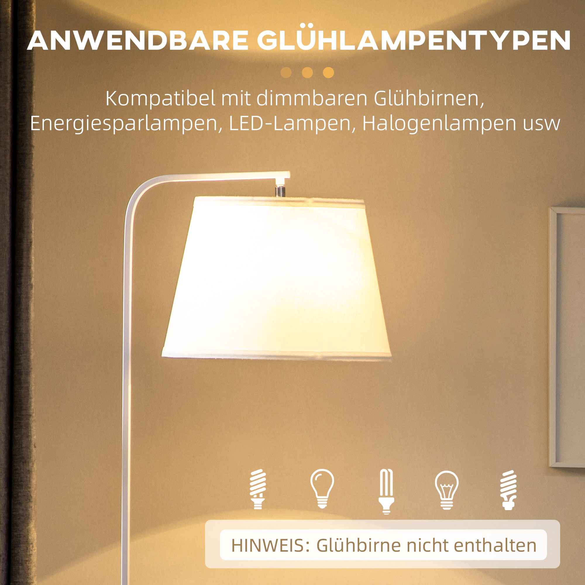 Stehleuchte mit 2 Regalen, Standleuchte, Fußschalter, 40 W. E 27, Natur + Weiß
