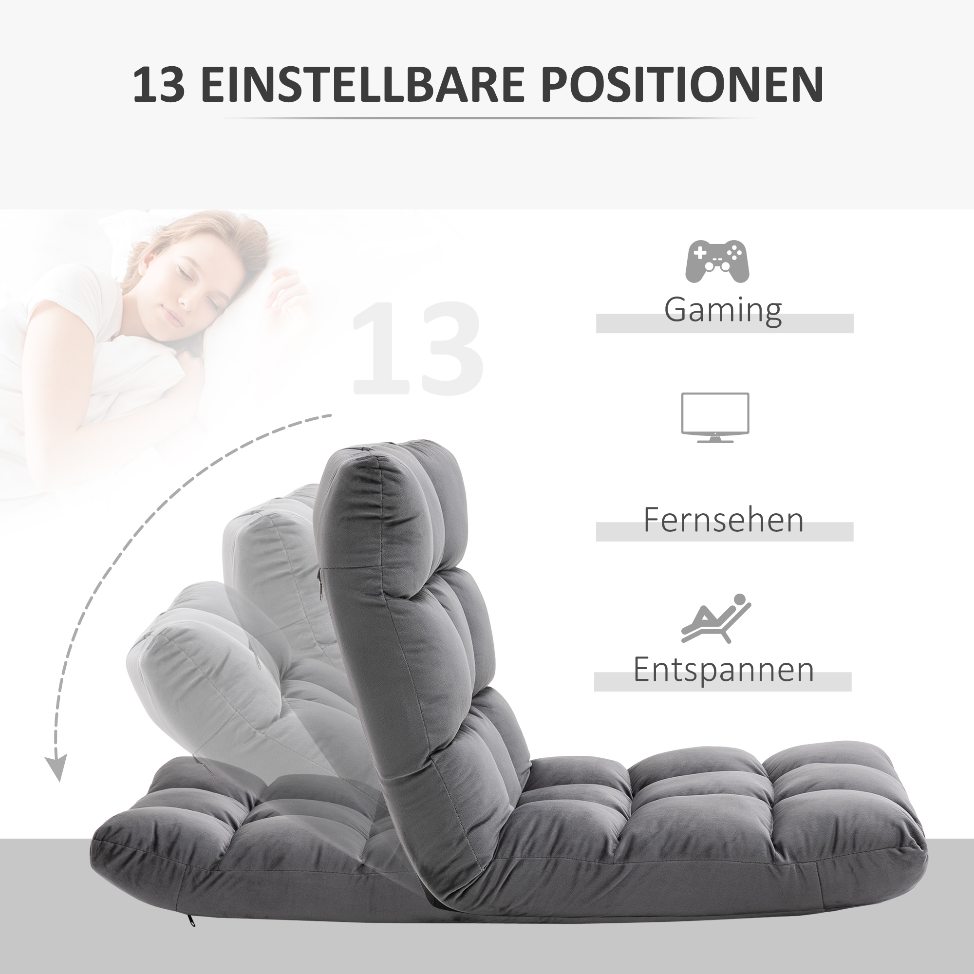 Sessel Gästematratze Bodensessel, verstellbare Rückenlehne, Velouroptik, 55 cm x 71 cm x 53,5 cm, Grau