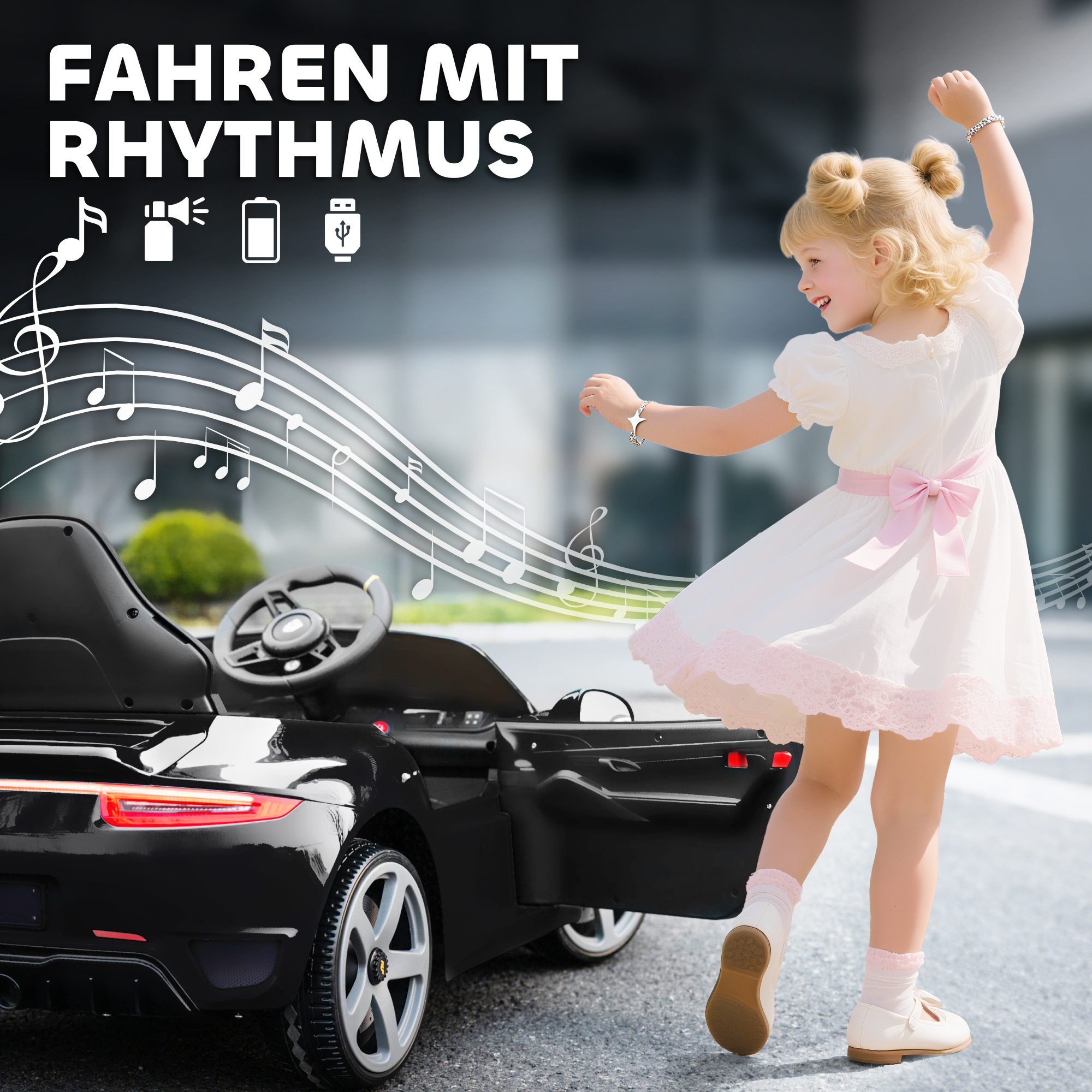 Elektrisches Aufsitzauto für Kinder, fernsteuerbar, Musik, Hupe, USB, Sicherheitsgurt, für 3-5 Jahre, Schwarz