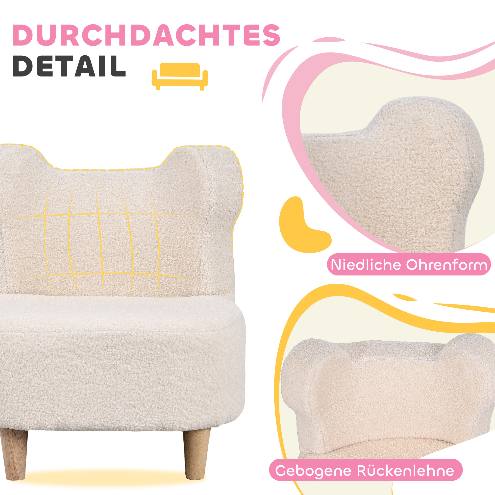 Kindersessel, Plüschsessel mit Bärenohren, Fleece-Bezug, Schaumstoff, Beige