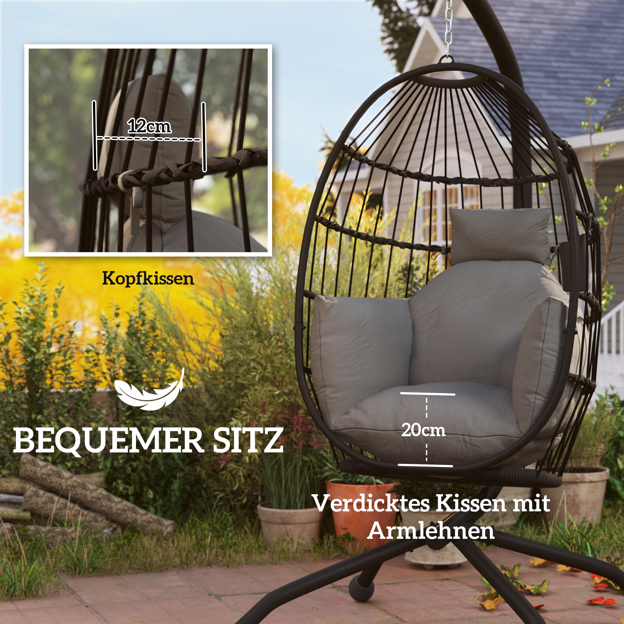 Hängender Outdoor-Schaukelstuhl mit faltbarem Korbsitz und dicken Kissen, Ständer, Kopfstütze, Becherhalter, Schwarz