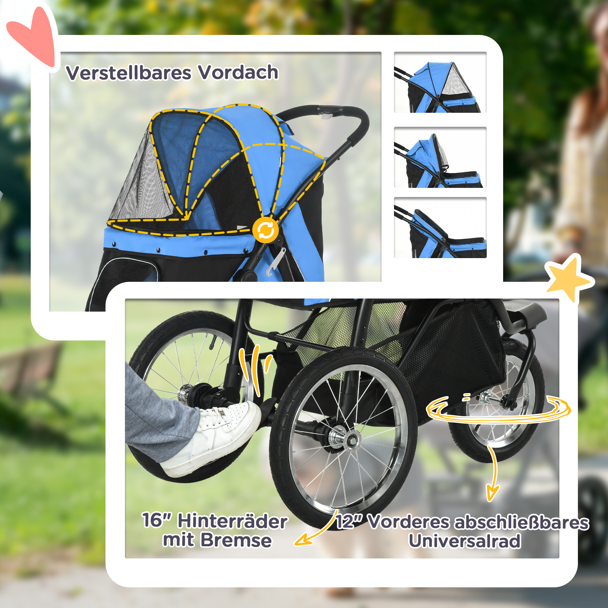 Hundewagen Hundetrolley mit Jogger-Funktion bis 20 kg Klappbar Netzfenster, Ablagekorb, Blau, 111 x 58 x 107 cm