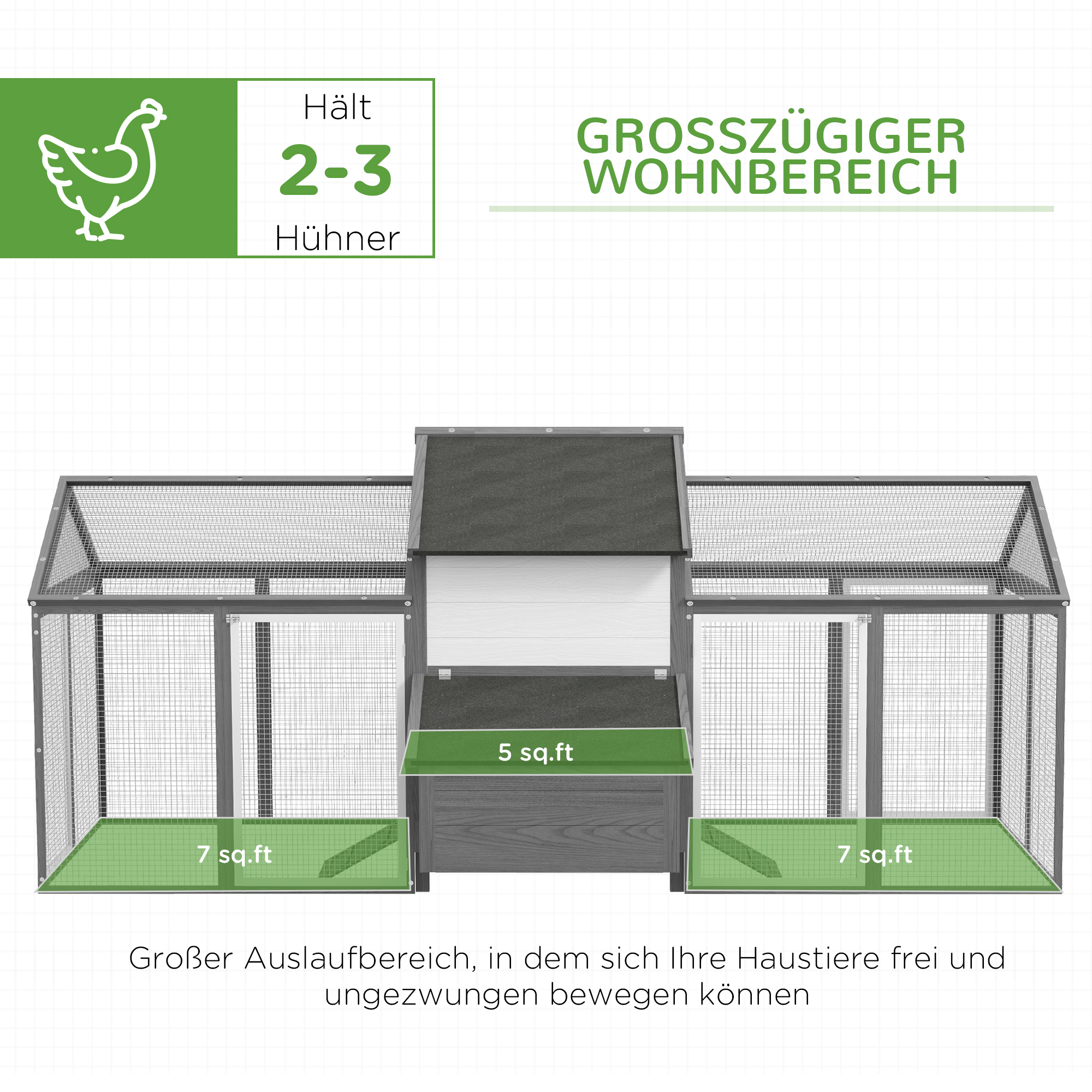 Hühnerstall Kleintierstall 2 Außengehege, 1 Nistkasten, 2 Rampen,Asphaltdach, wetterbeständig, Grau