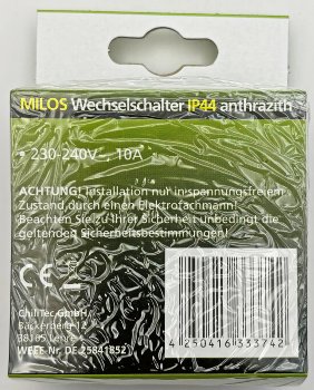 MILOS Wechsel-Schalter IP44 / 250V~/ 10A, inkl. Rahmen, UP, anthrazit