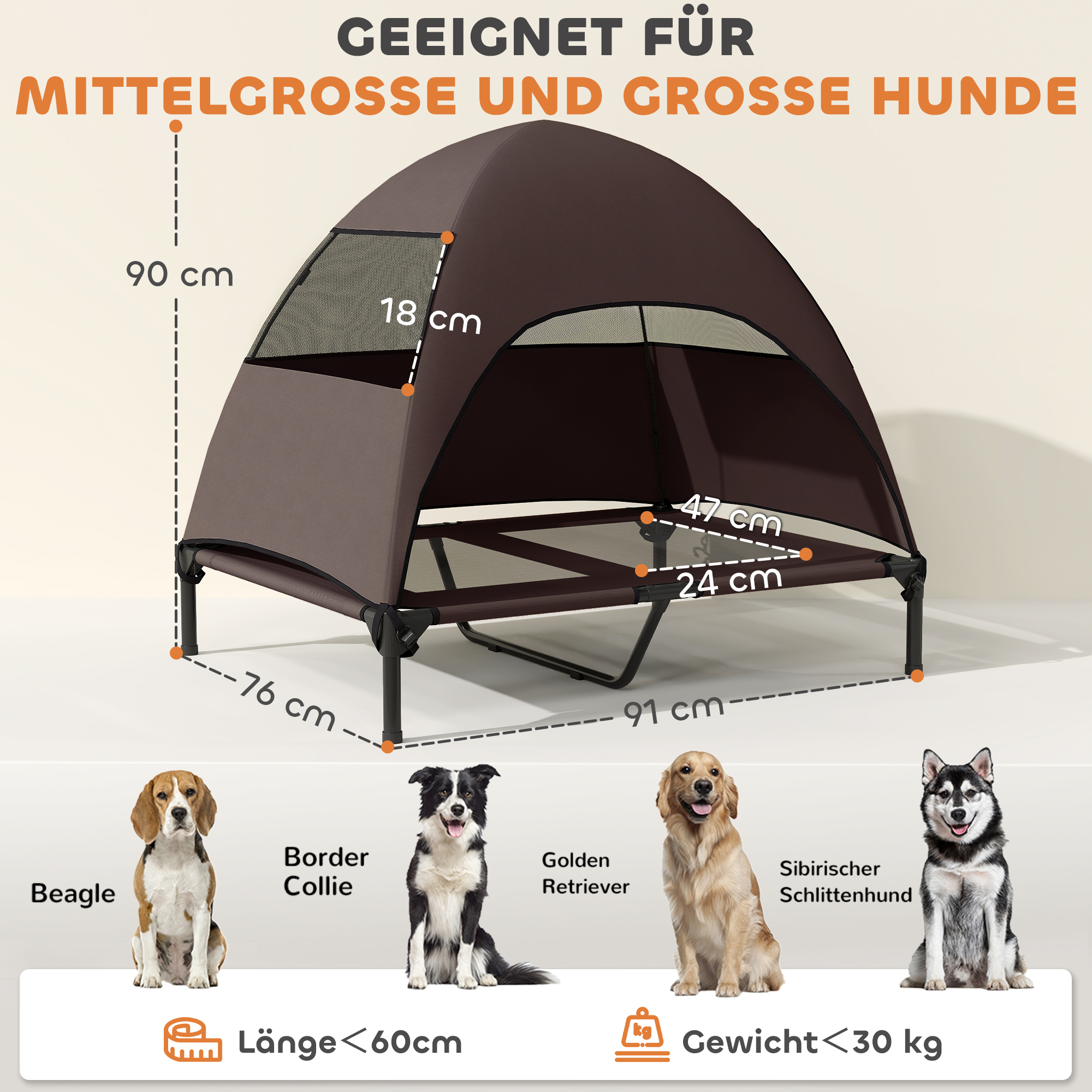 Hundeliege Outdoor mit Dach, erhöhtes Hundebett für Große Hunde, 91 x 76 x 90 cm, Kaffee