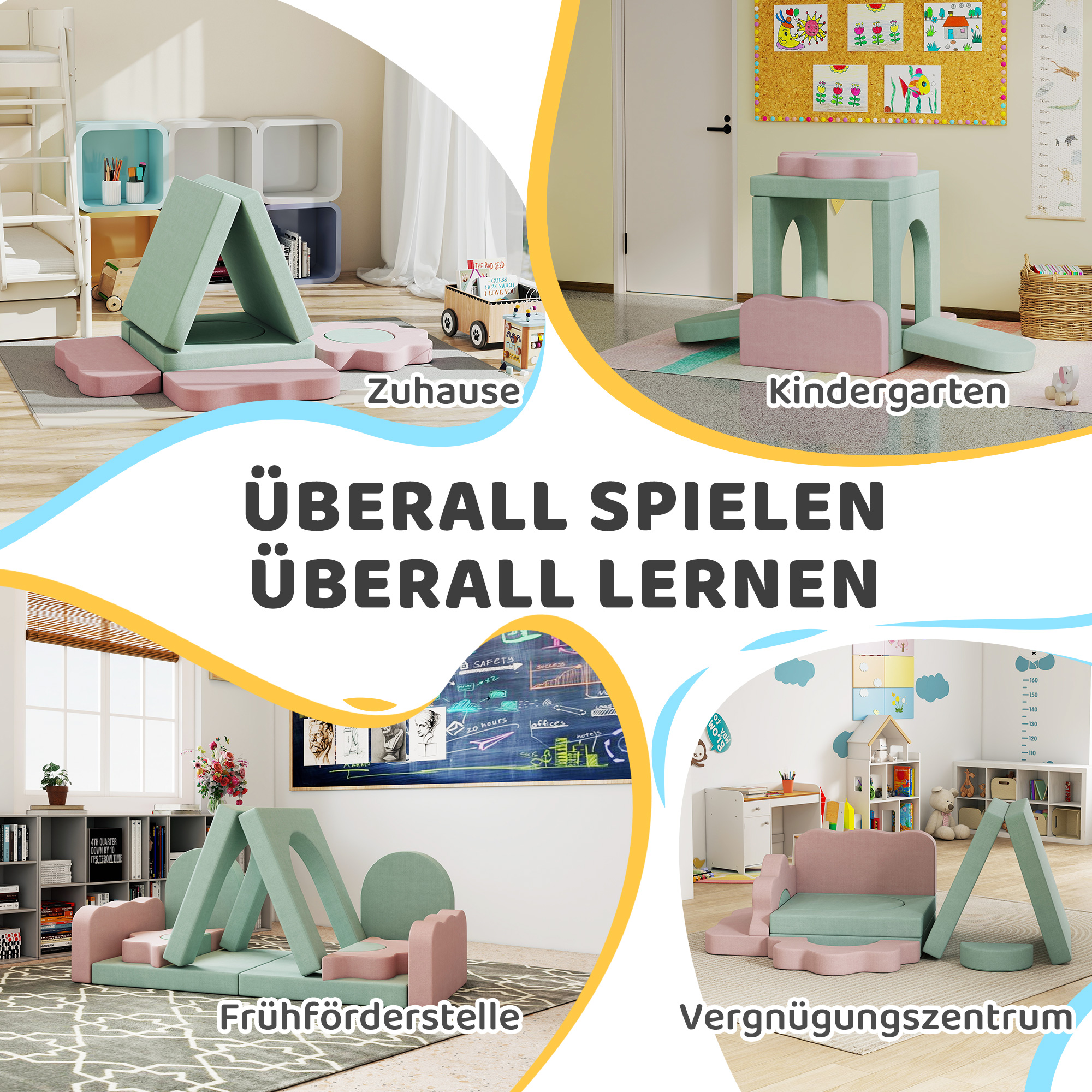 12-teiliges Set Schaumstoffblöcke zum Klettern, Bauen, Krabbeln, Indoor-Spielmatten mit Cordbezug, Grün+Rosa