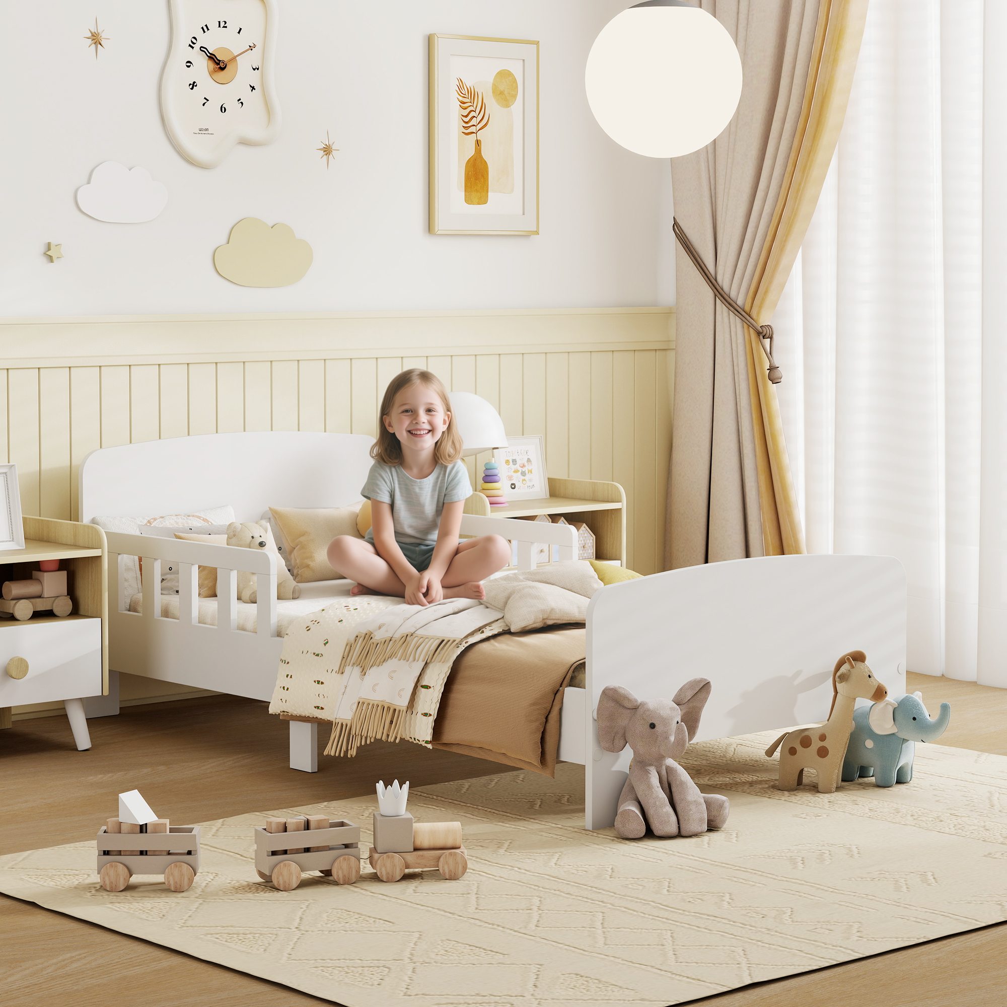 Kinderbett mit Sicherheitsschienen, Kleinkinderbett für Kinder im Alter von 3-8 Jahren, MDF, Weiß