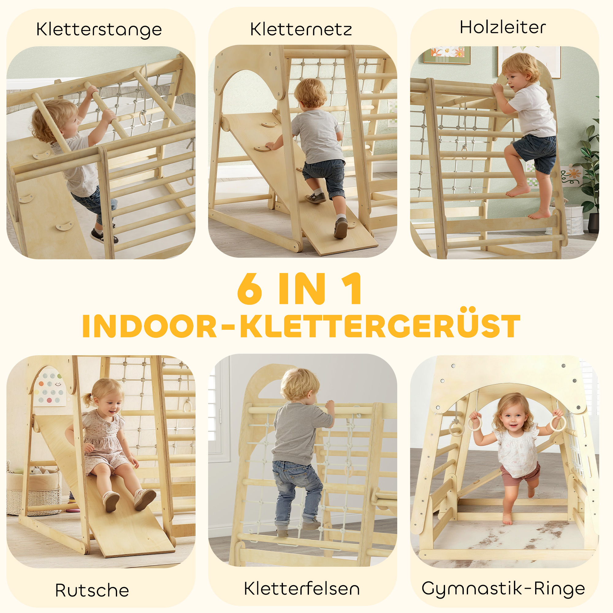 Indoor-Klettergerüst, 6-in-1 Design, Rutsche, Kletterstangen, Kletterwand, Leiter, Kletternetz, 3-6 Jahre, Holz