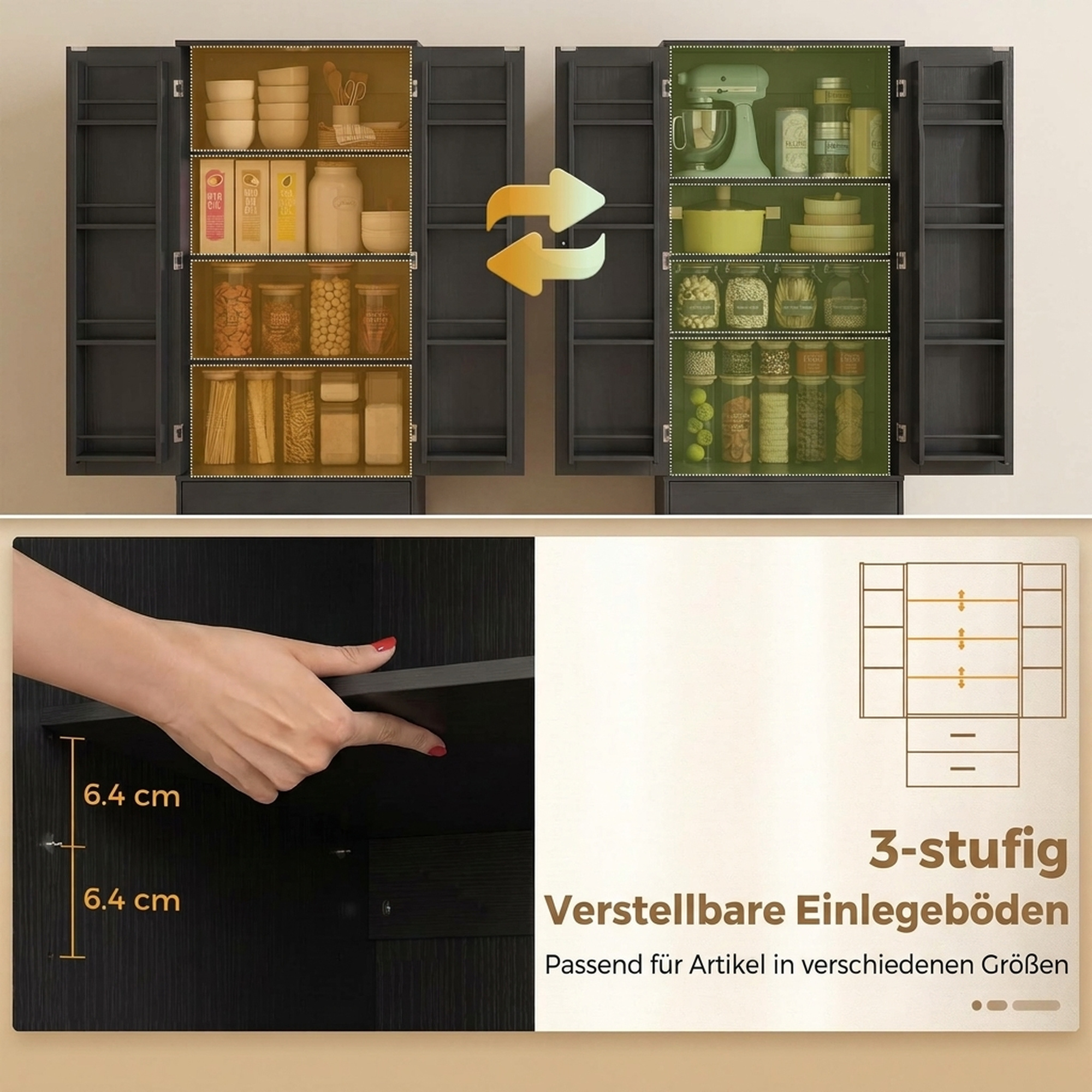 Vorratsschrank 8 Türablagen verstellbare Böden Küchenschrank 159 cm Schwarz