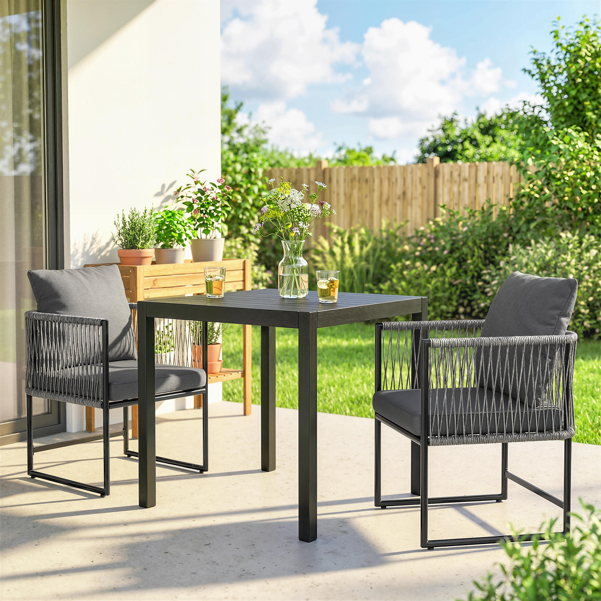 Gartenstuhl 2er Set wetterfest Gartenstühle aus Stahl PE-Rattan mit Kissen Armlehne Rückenlehne 52x52x66 cm Dunkelgrau