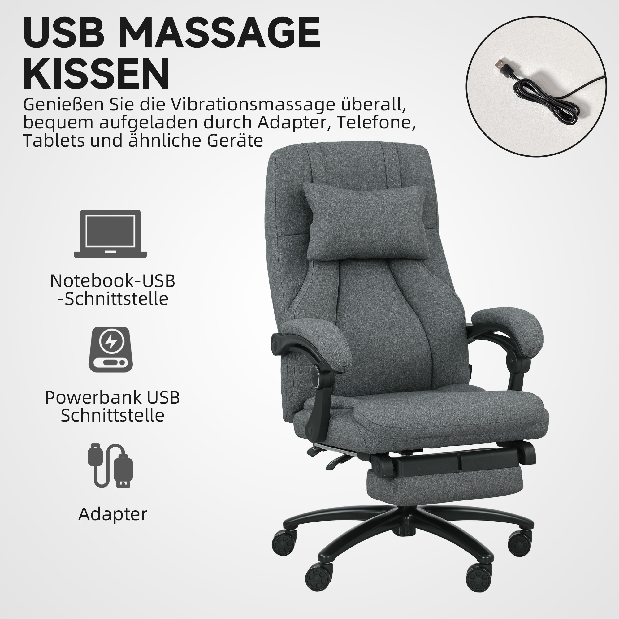Massage-Bürostuhl, USB-Schnittstelle, schwenkbare Räder, Dunkelgrau