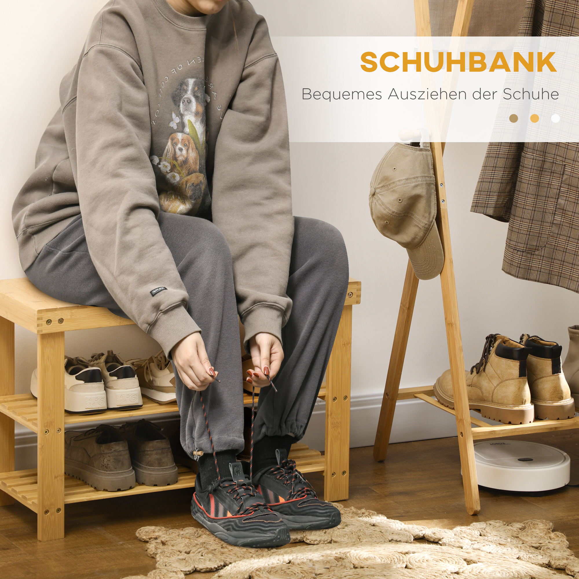 Schuhbank, 3 Etagen, Platz für 6-9 Paar Schuhe, bis 130 kg, Bambus, 70 x 28 x 45cm