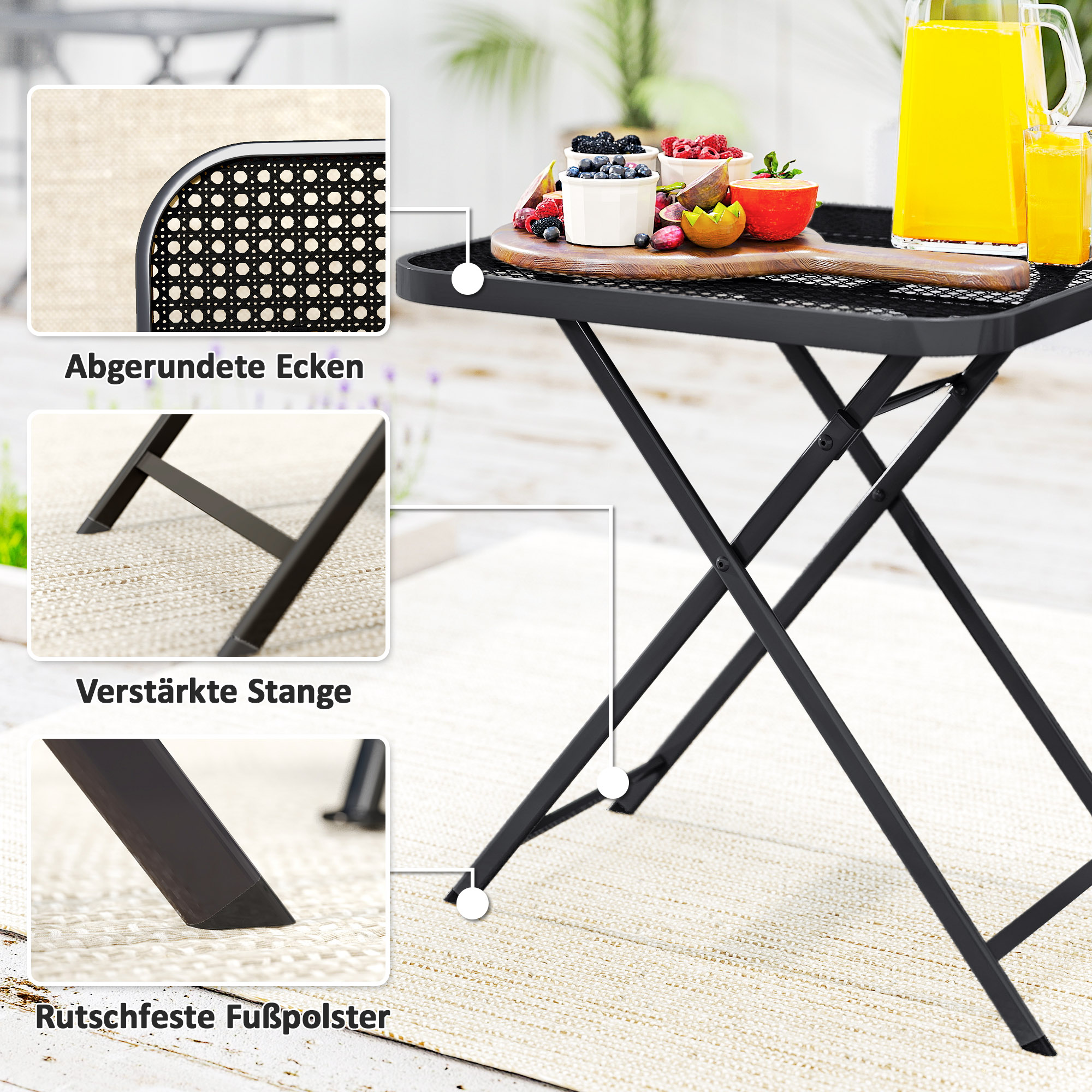 Gartentisch klappbar 70 x70 cm, Wetterfest Balkontisch Klapptisch mit Ausschnitt-Design quadrarisch Schwarz