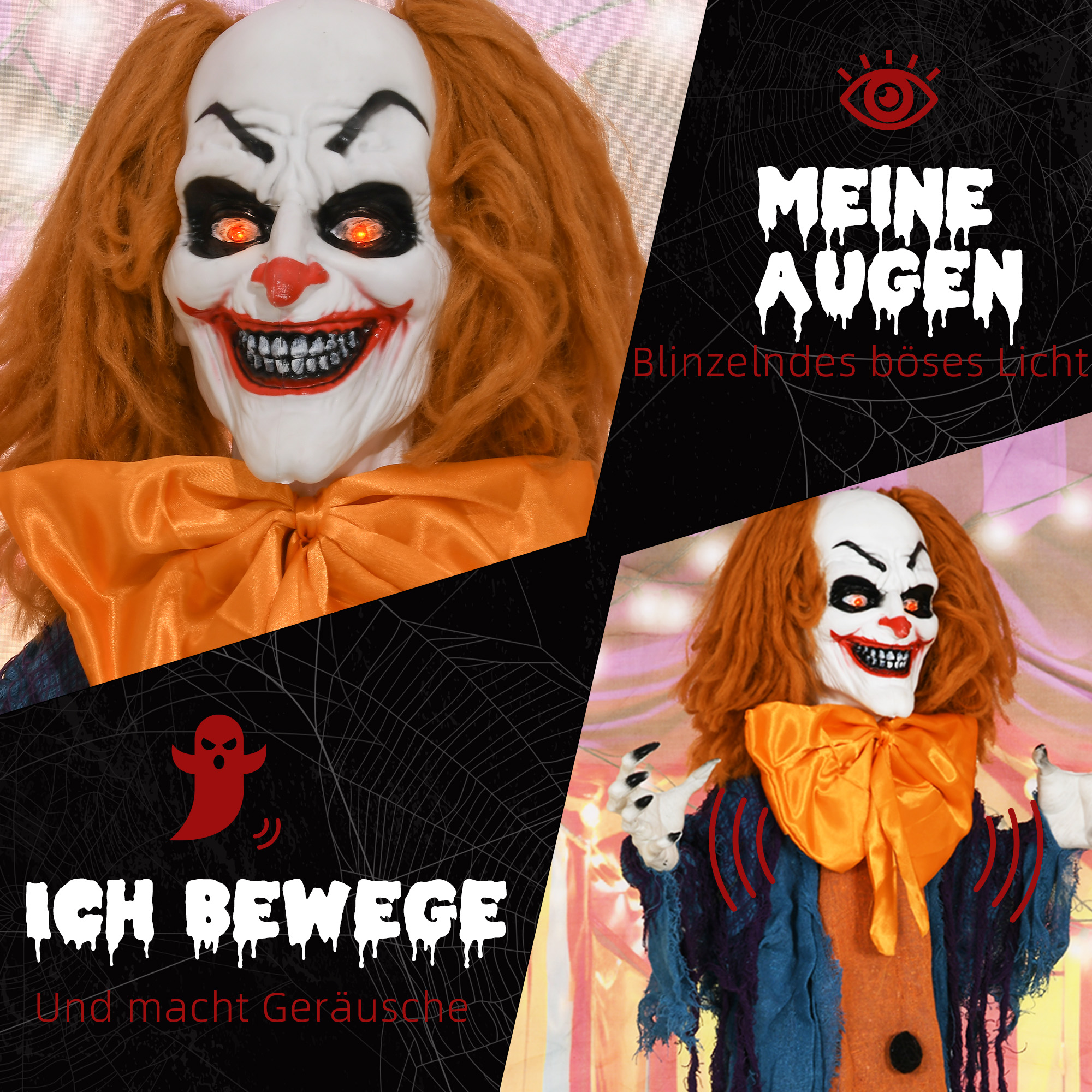 Horrorclown, Helloweendeko, aktiviert mit Geräusche/Berührung, rote Augen, Sound, 168 cm Horrorclown, Helloweendeko, aktiviert mit Geräusche/Berührung, rote Augen, Sound, 168 cm