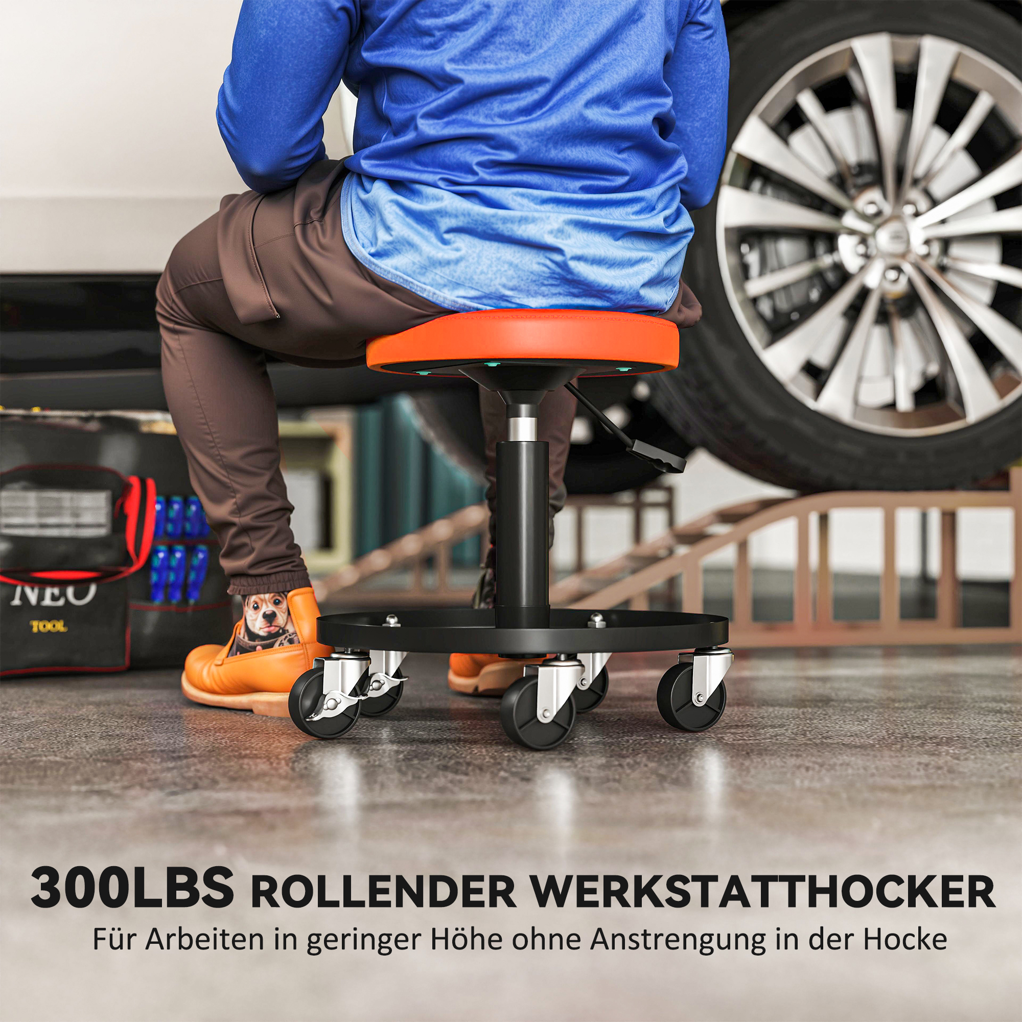 Werkstatthocker mit Rollen Ablagefläche höhenverstellbar 38-50cm bis 135 kg belastbar Orange