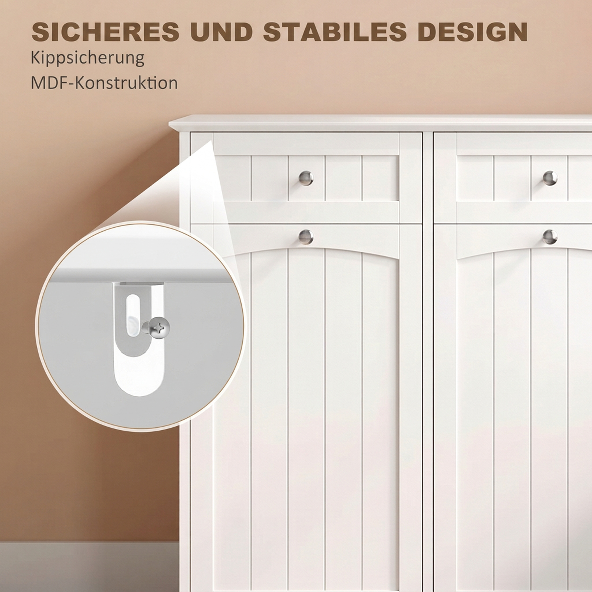 schmaler Badschrank freistehend mit Schubladen und Wäschekippe Badezimmerschrank 78x38x90 cm Weiß