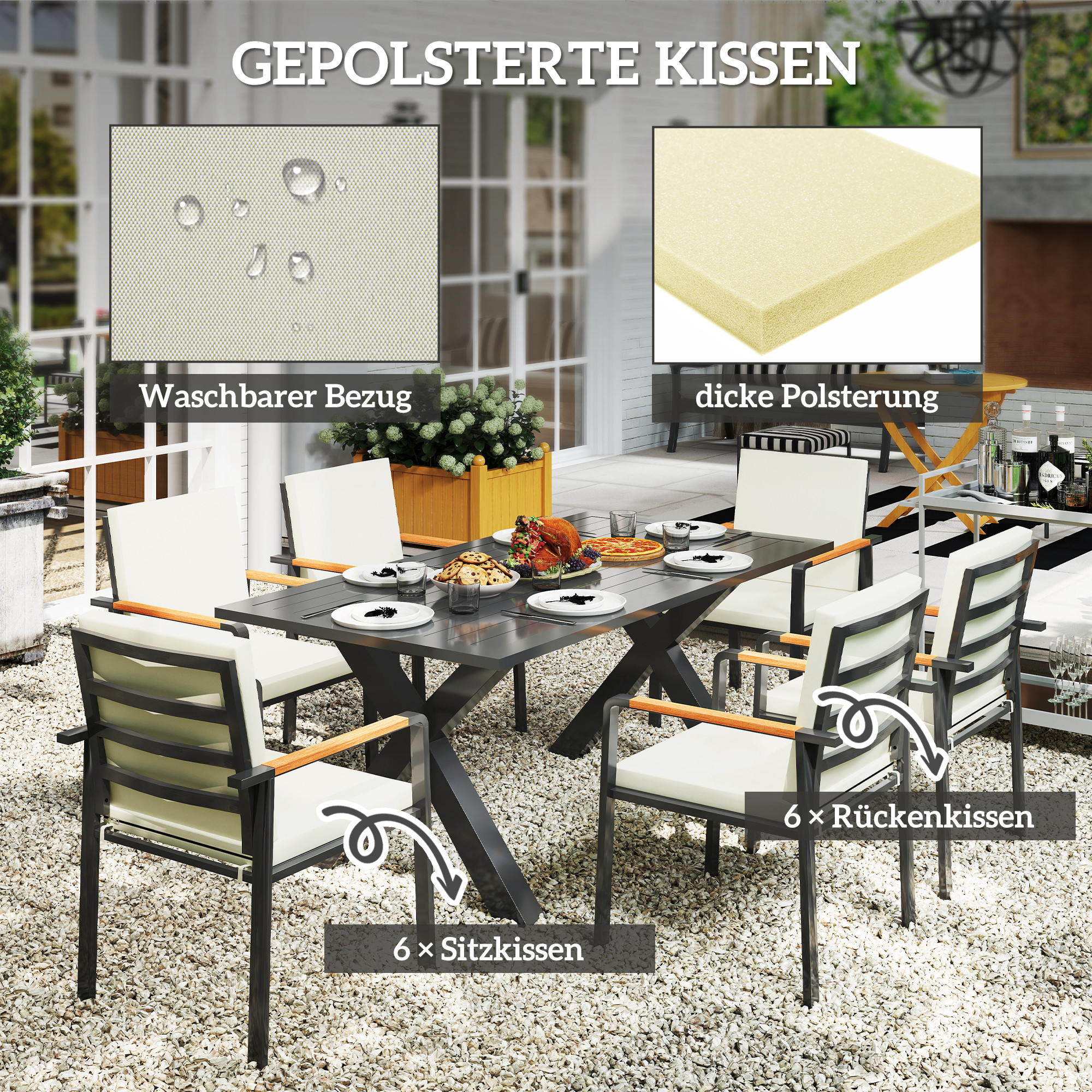 Gartenmöbel-Set für 6 Personen, 6 Stühle, 1 Tisch, wetterbeständig, 175 cm x 92 cm x 73 cm, Schwarz + Grau
