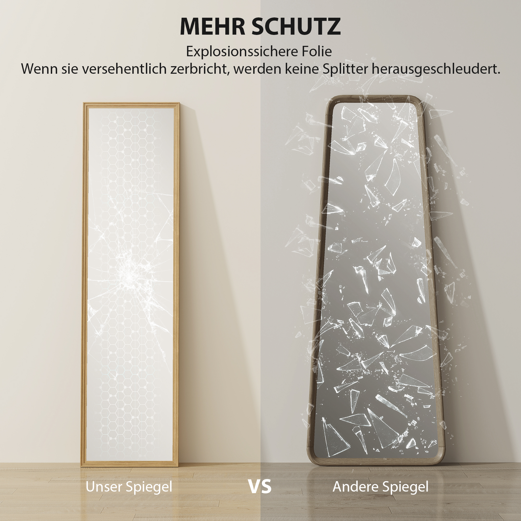 Ganzkörperspiegel mit Ständer, freistehend, 40 cm x 150 cm, Natur