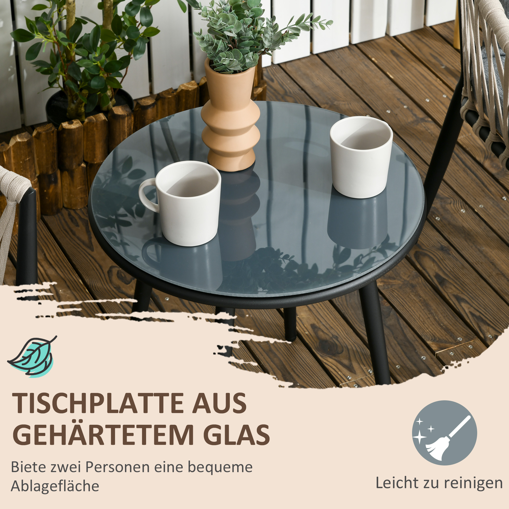 Gartenmöbel Set für 2 Personen inkl. 1 Tisch, 2 Stühlen mit Sitzkissen, Balkon-Set, Stahl, Grau