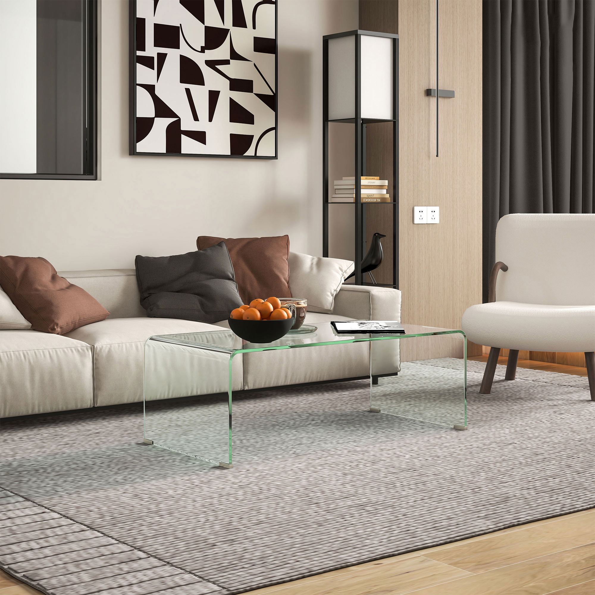 Stabiler Couchtisch aus Glas, einteiliges Design, schlicht und modern, 100 x 50 x 35 cm, Transparent